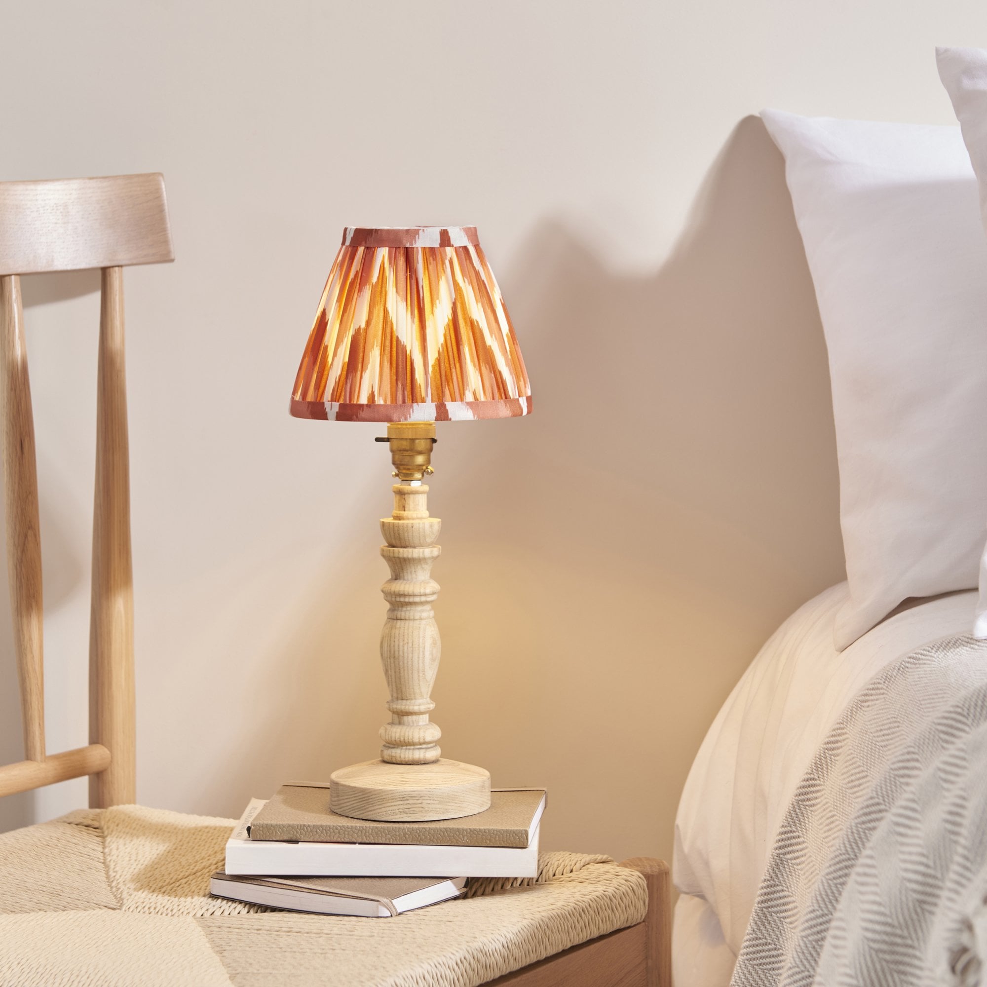 Endon Bibury Natural Ash Wood Table Lamp & Zigzag 16cm Apricot Orange Shade
