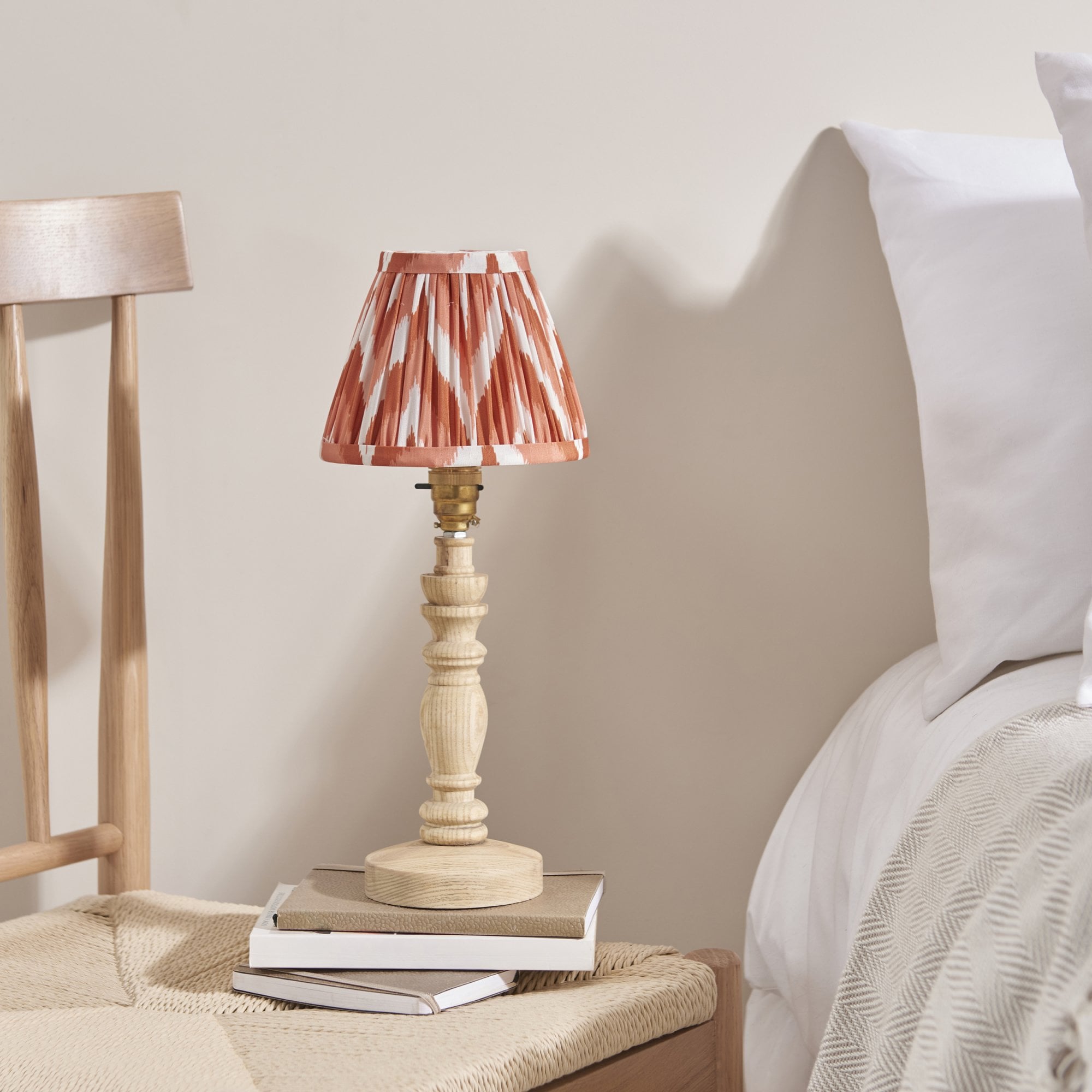Endon Bibury Natural Ash Wood Table Lamp & Zigzag 16cm Apricot Orange Shade