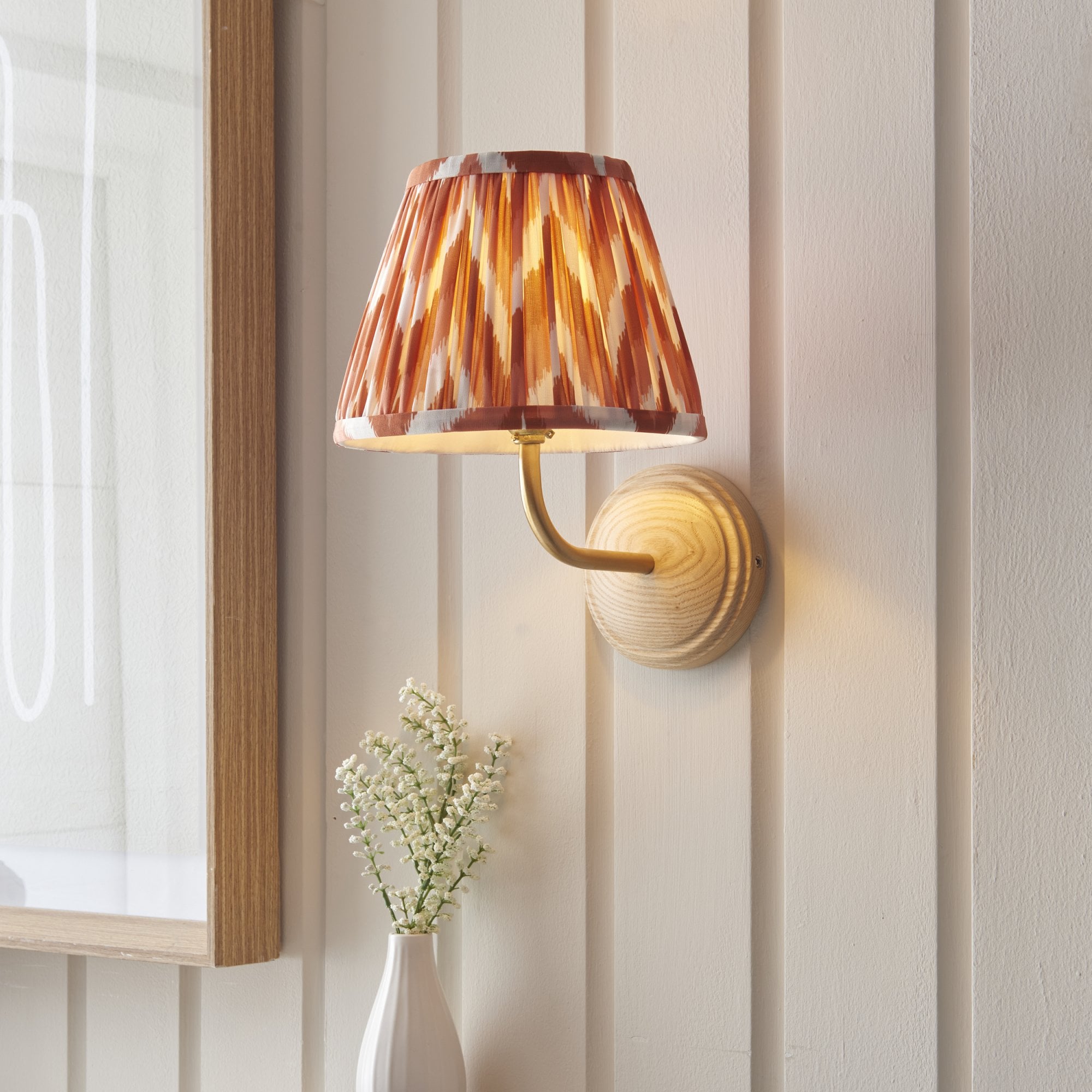 Endon Wood Arc Wall Light & Zigzag 20cm Apricot Orange Shade