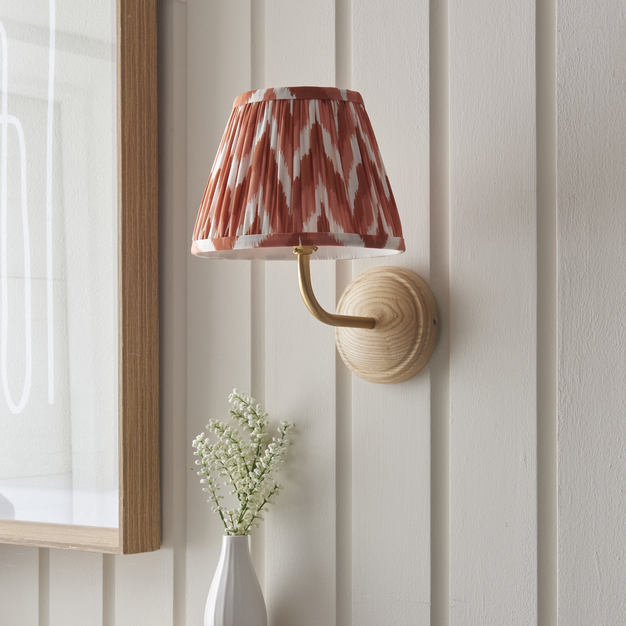 Endon Wood Arc Wall Light & Zigzag 20cm Apricot Orange Shade