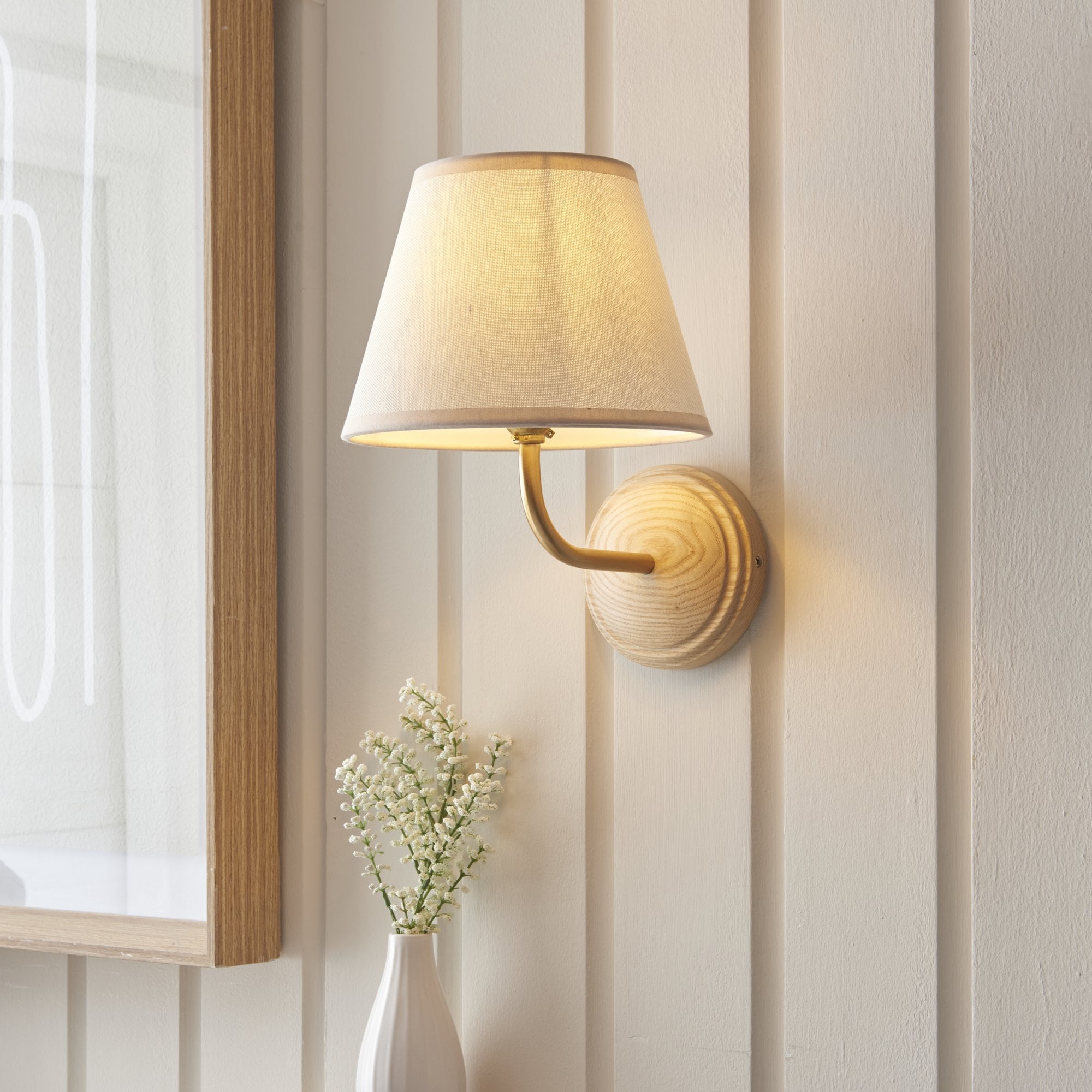 Endon Wood Arc Wall Light & Ivy 20cm Vintage White Shade
