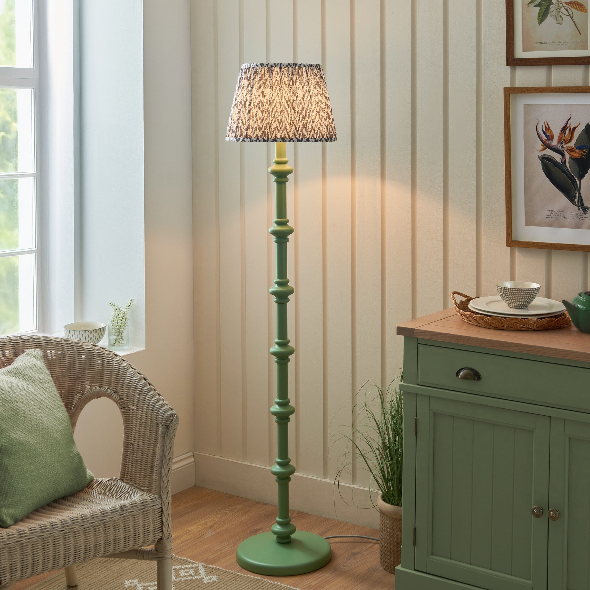 Endon Carnaby Satin Cotswold Green Floor Lamp & Leaf 35cm Pearl Grey Shade
