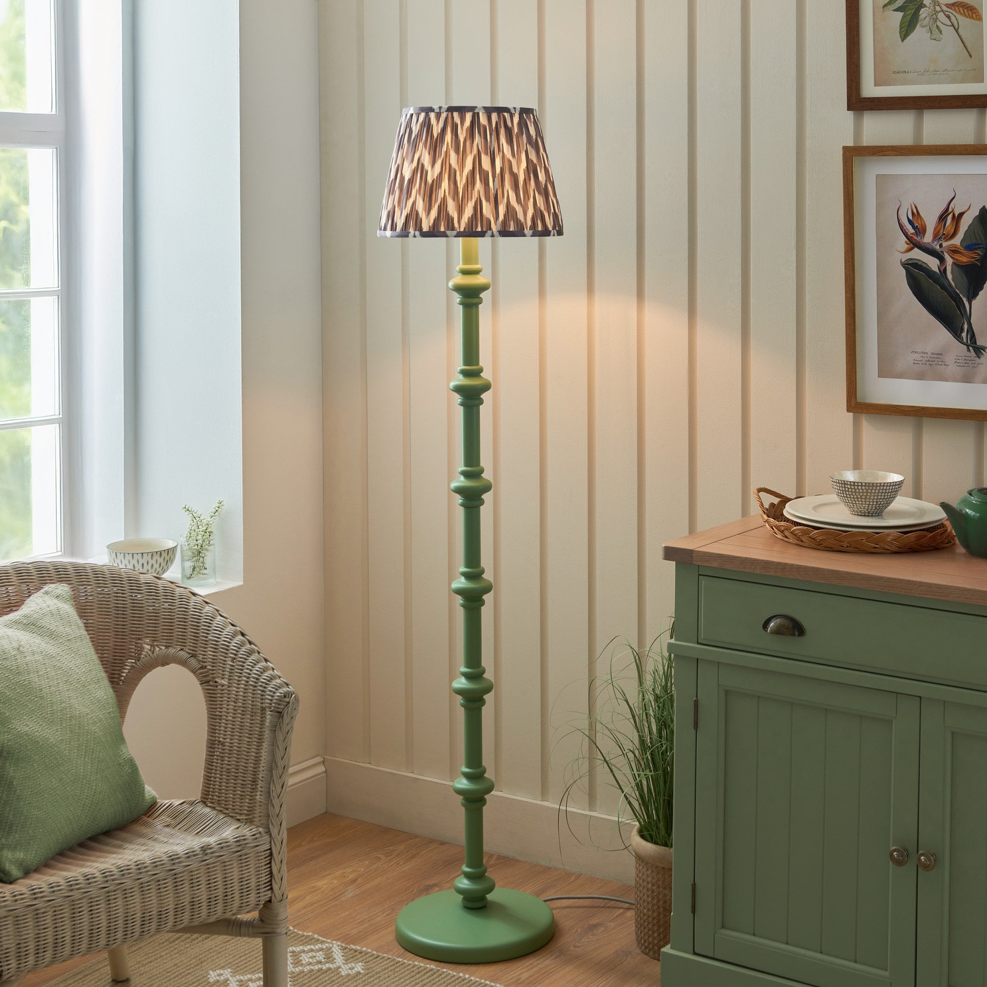 Endon Carnaby Satin Cotswold Green Floor Lamp & Zigzag 35cm Pearl Grey Shade