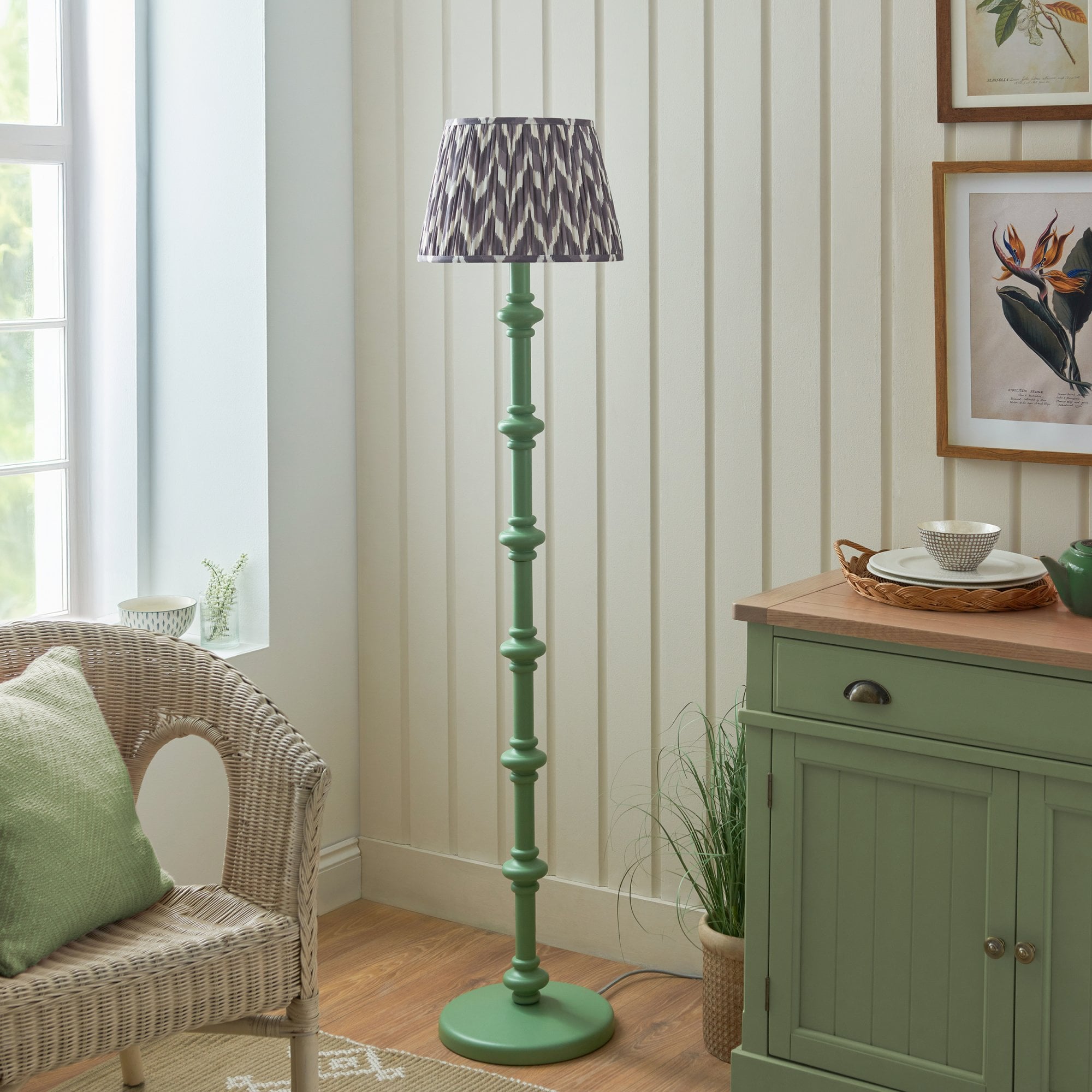 Endon Carnaby Satin Cotswold Green Floor Lamp & Zigzag 35cm Pearl Grey Shade