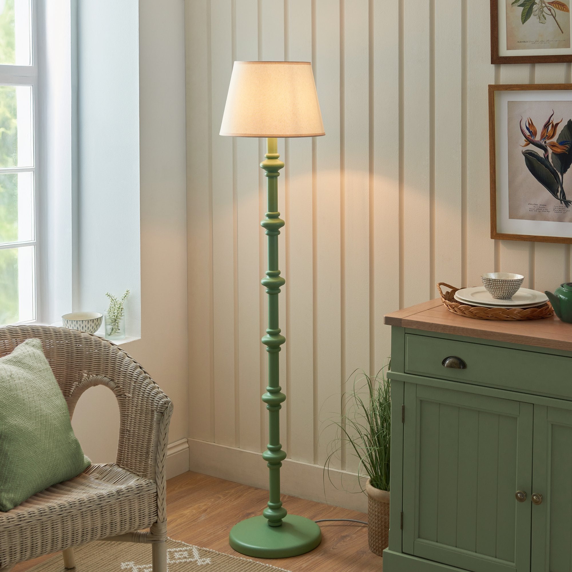 Endon Carnaby Satin Cotswold Green Floor Lamp & Ivy 35cm Vintage White Shade