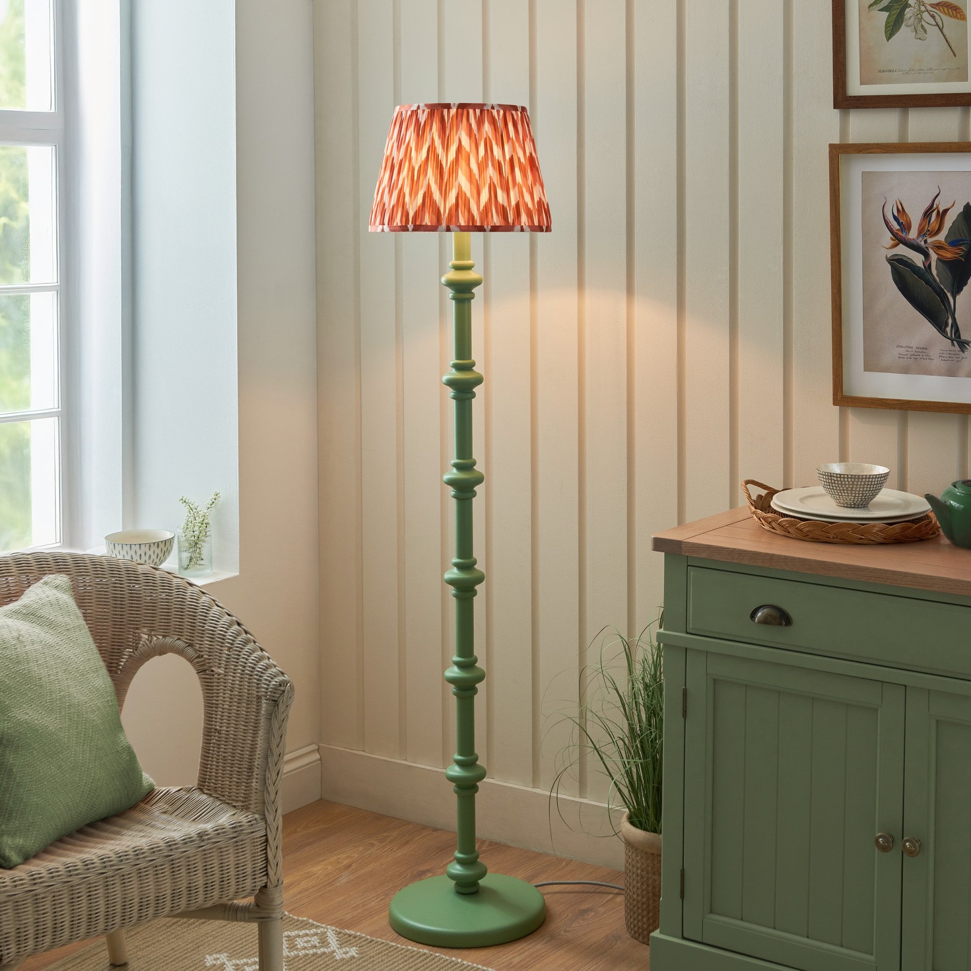 Endon Carnaby Satin Cotswold Green Floor Lamp & Zigzag 35cm Apricot Orange Shade