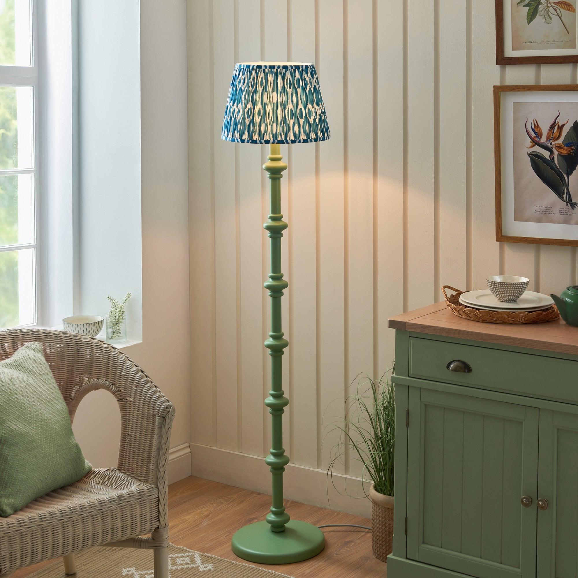 Endon Carnaby Satin Cotswold Green Floor Lamp & Ikat 35cm Marlin Blue Shade