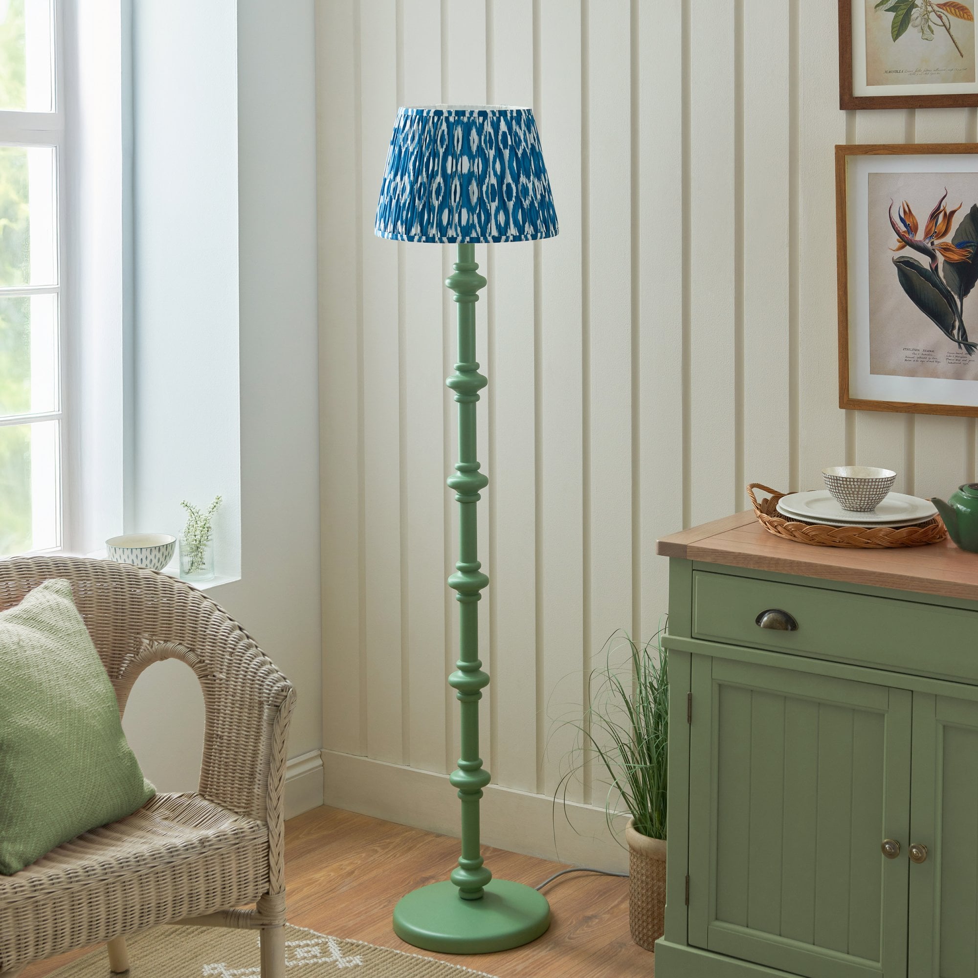 Endon Carnaby Satin Cotswold Green Floor Lamp & Ikat 35cm Marlin Blue Shade