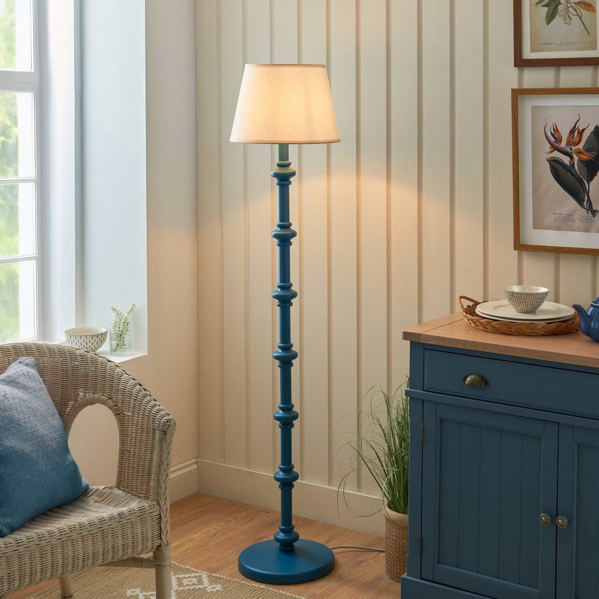 Endon Carnaby Satin Marlin Blue Floor Lamp & Ivy 35cm Vintage White Shade