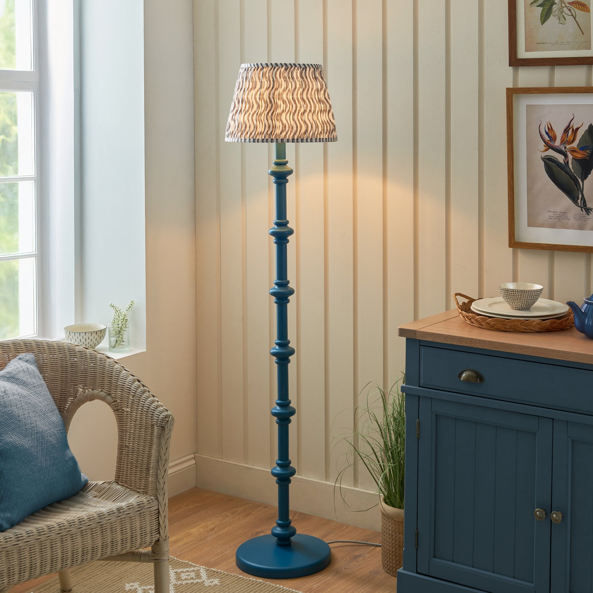 Endon Carnaby Satin Marlin Blue Floor Lamp & Ripple 35cm Pearl Grey Shade
