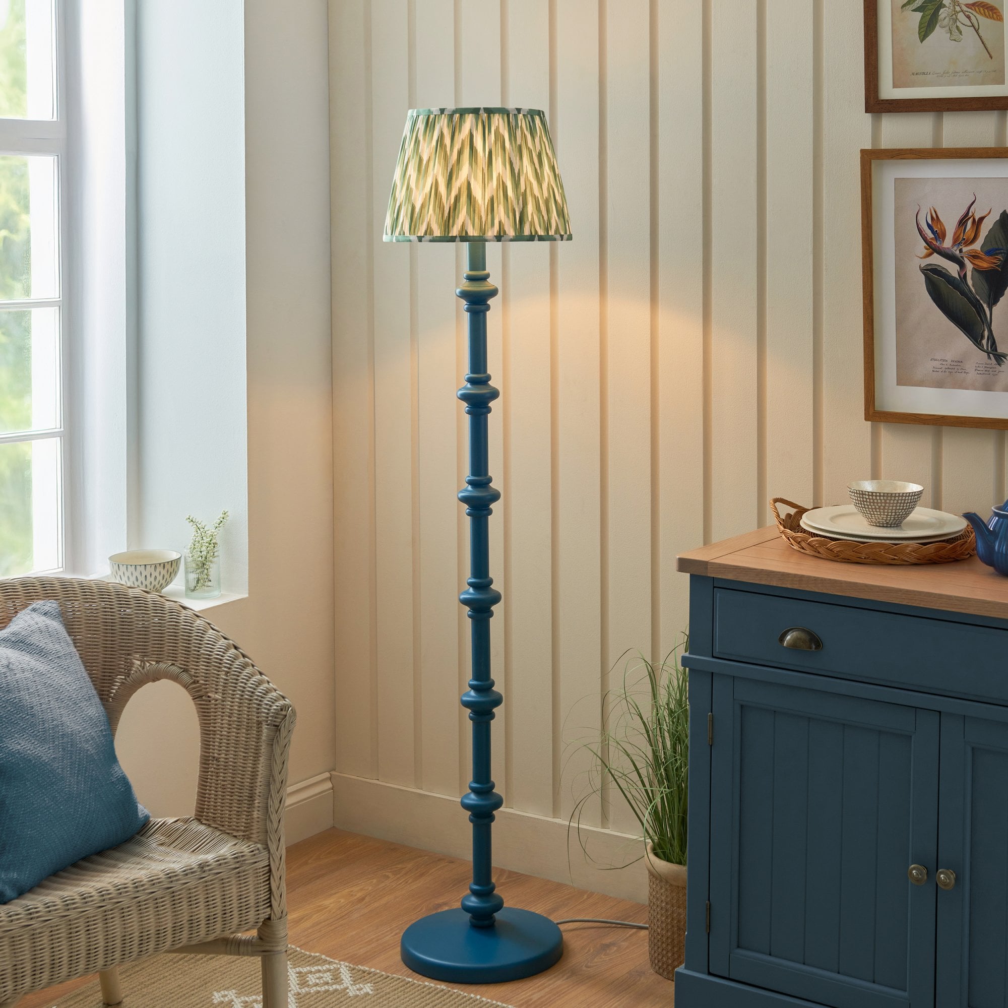 Endon Carnaby Satin Marlin Blue Floor Lamp & Zigzag 35cm Cotswold Green Shade