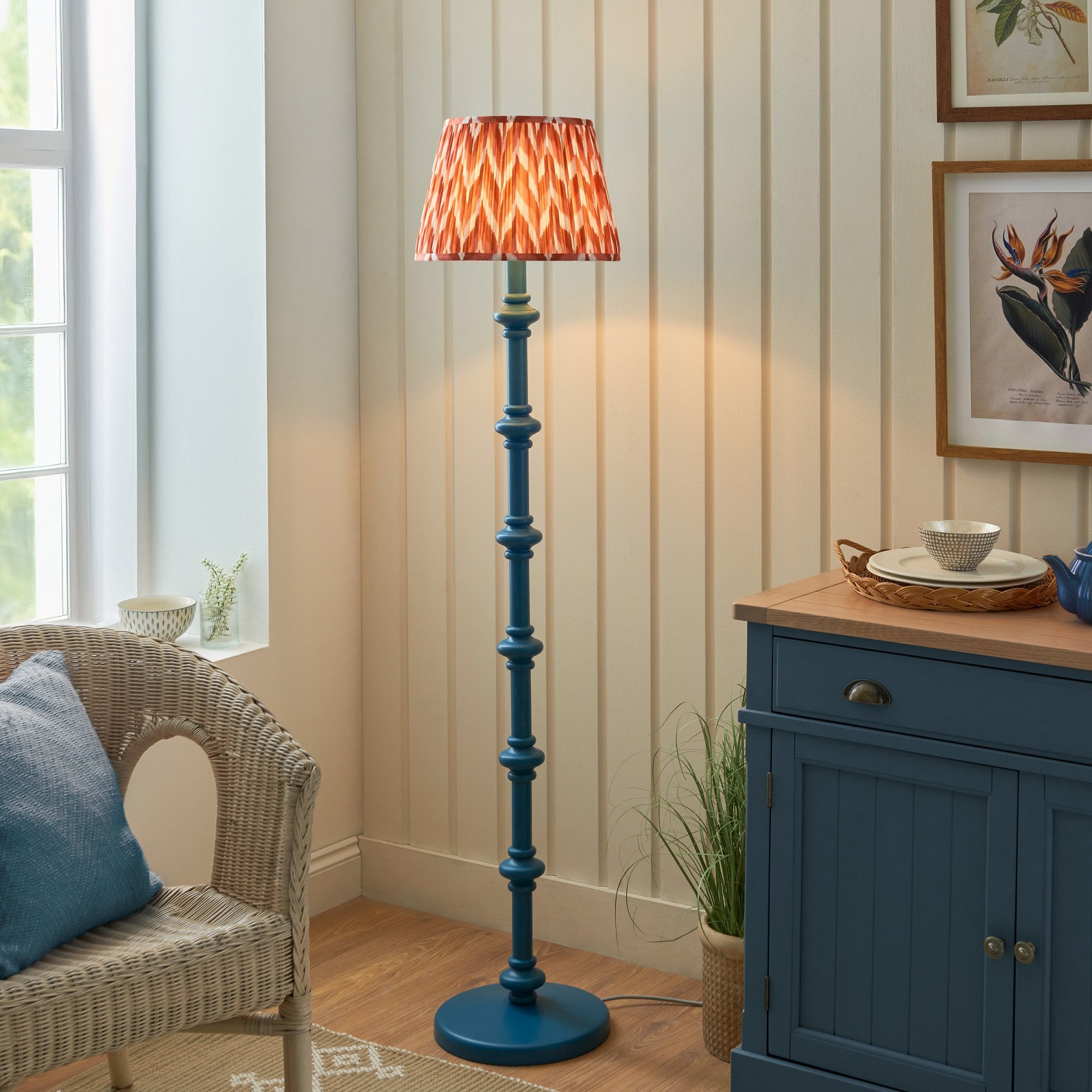 Endon Carnaby Satin Marlin Blue Floor Lamp & Zigzag 35cm Apricot Orange Shade