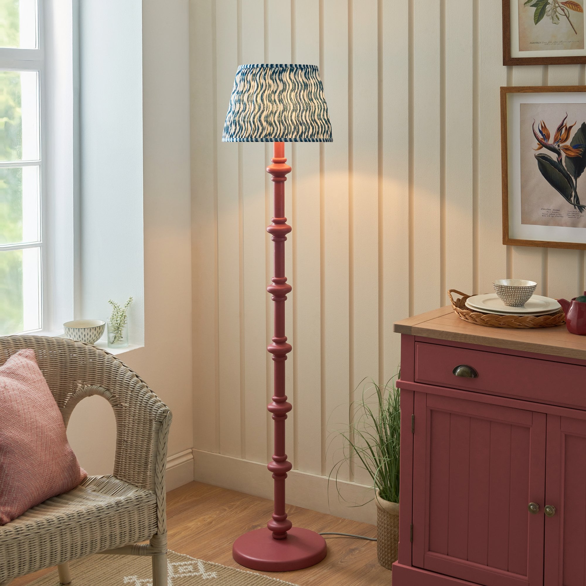 Endon Carnaby Satin Pink Clay Floor Lamp & Ripple 35cm Marlin Blue Shade