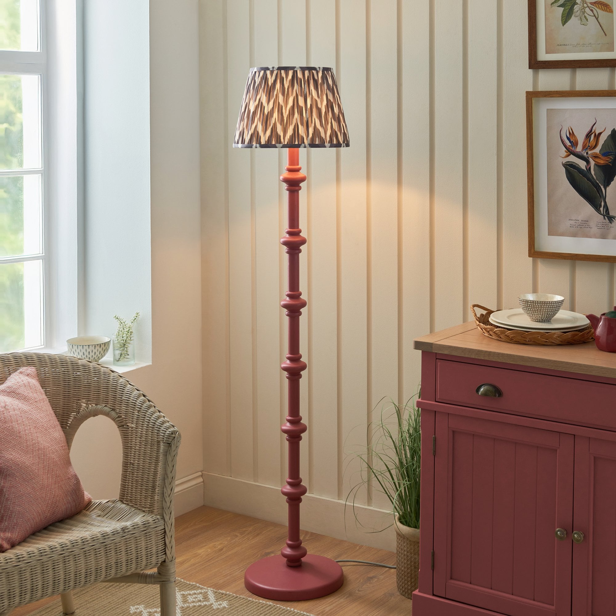 Endon Carnaby Satin Pink Clay Floor Lamp & Zigzag 35cm Pearl Grey Shade