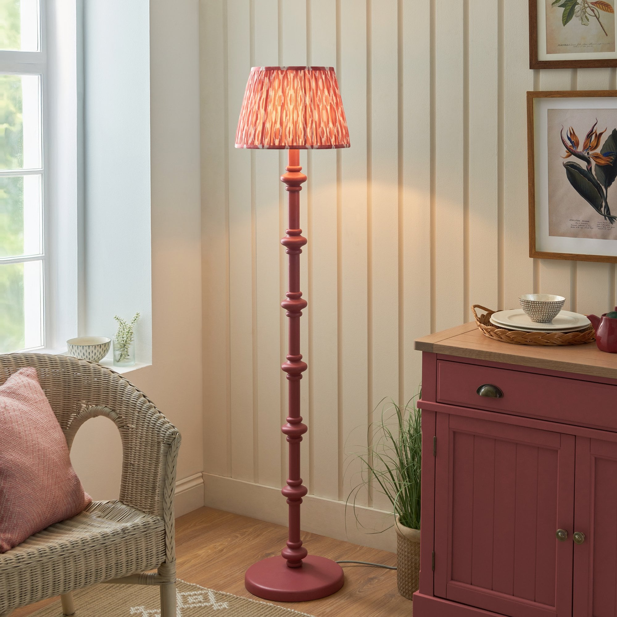Endon Carnaby Satin Pink Clay Floor Lamp & Ikat 35cm Coral Pink Shade