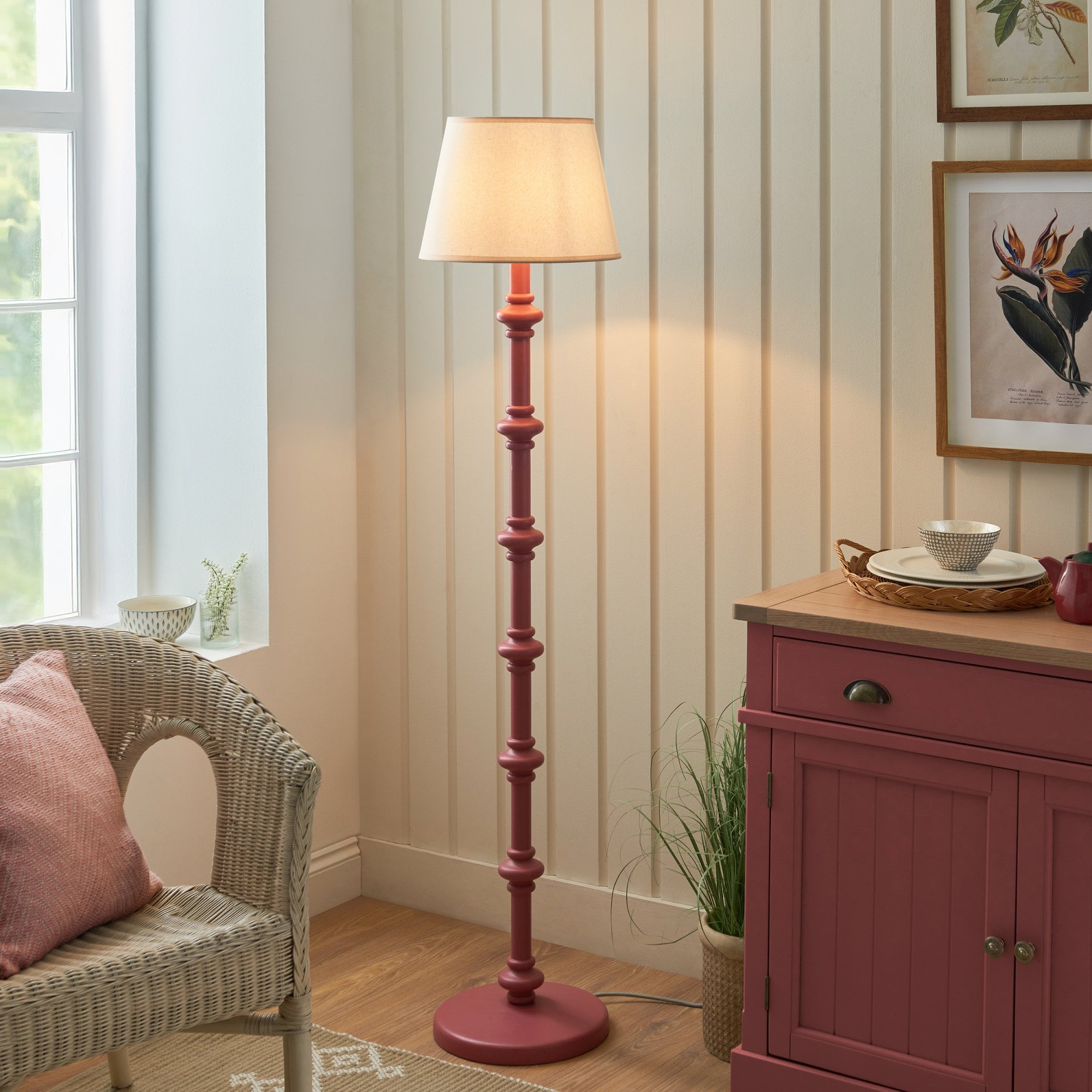 Endon Carnaby Satin Pink Clay Floor Lamp & Ivy 35cm Vintage White Shade
