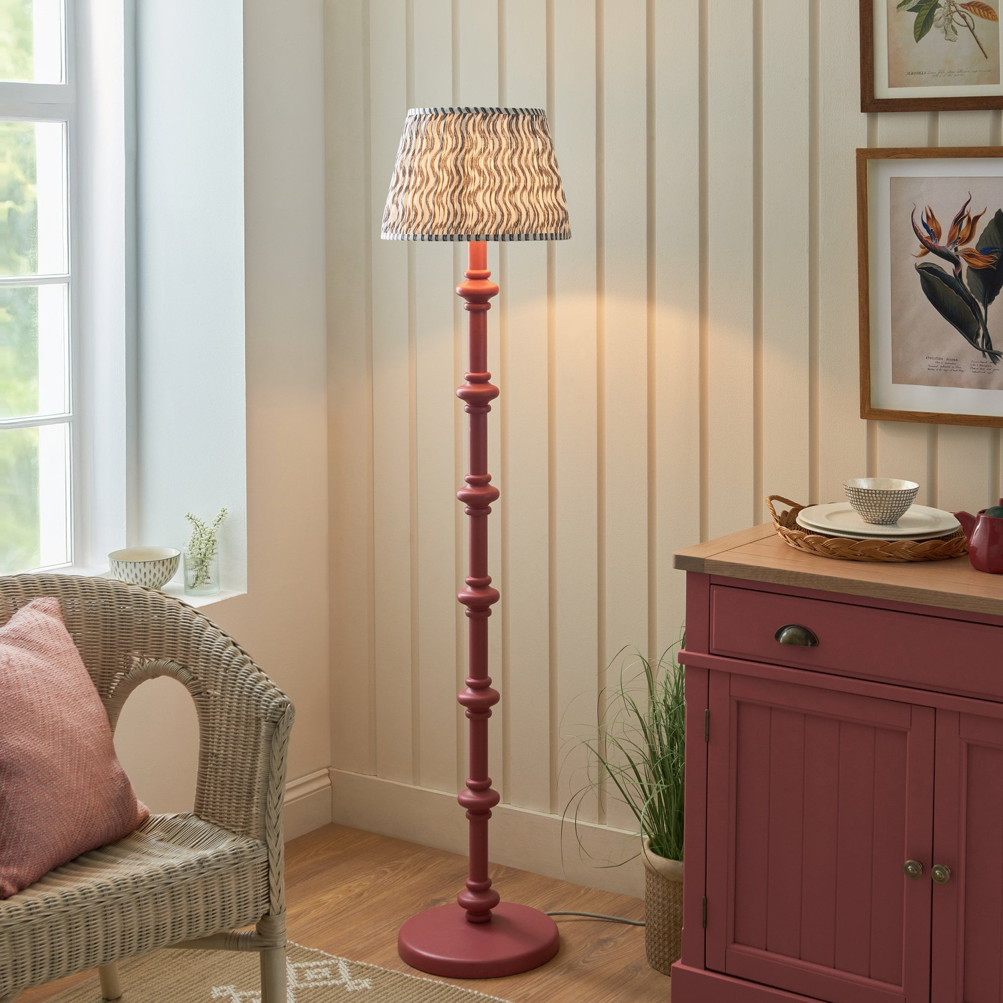 Endon Carnaby Satin Pink Clay Floor Lamp & Ripple 35cm Pearl Grey Shade