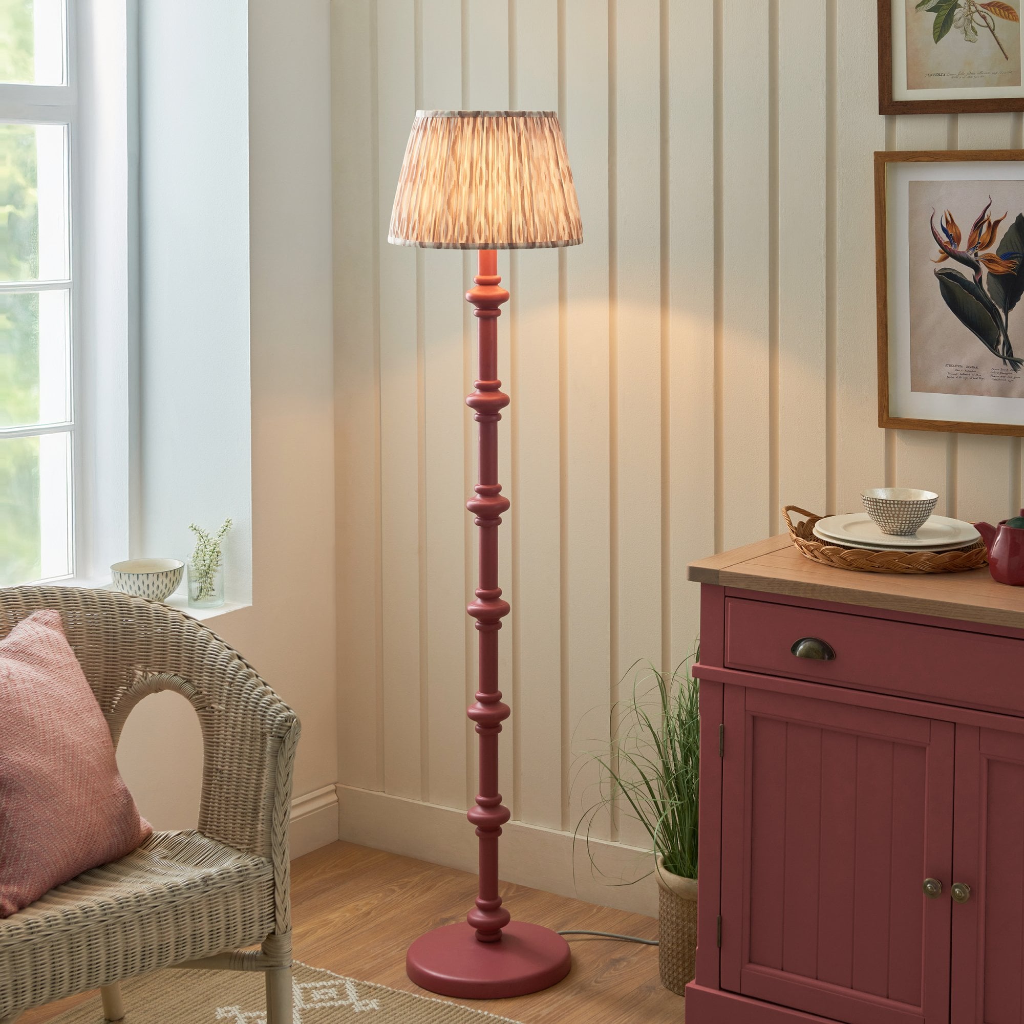 Endon Carnaby Satin Pink Clay Floor Lamp & Ikat 35cm Neutral Shade