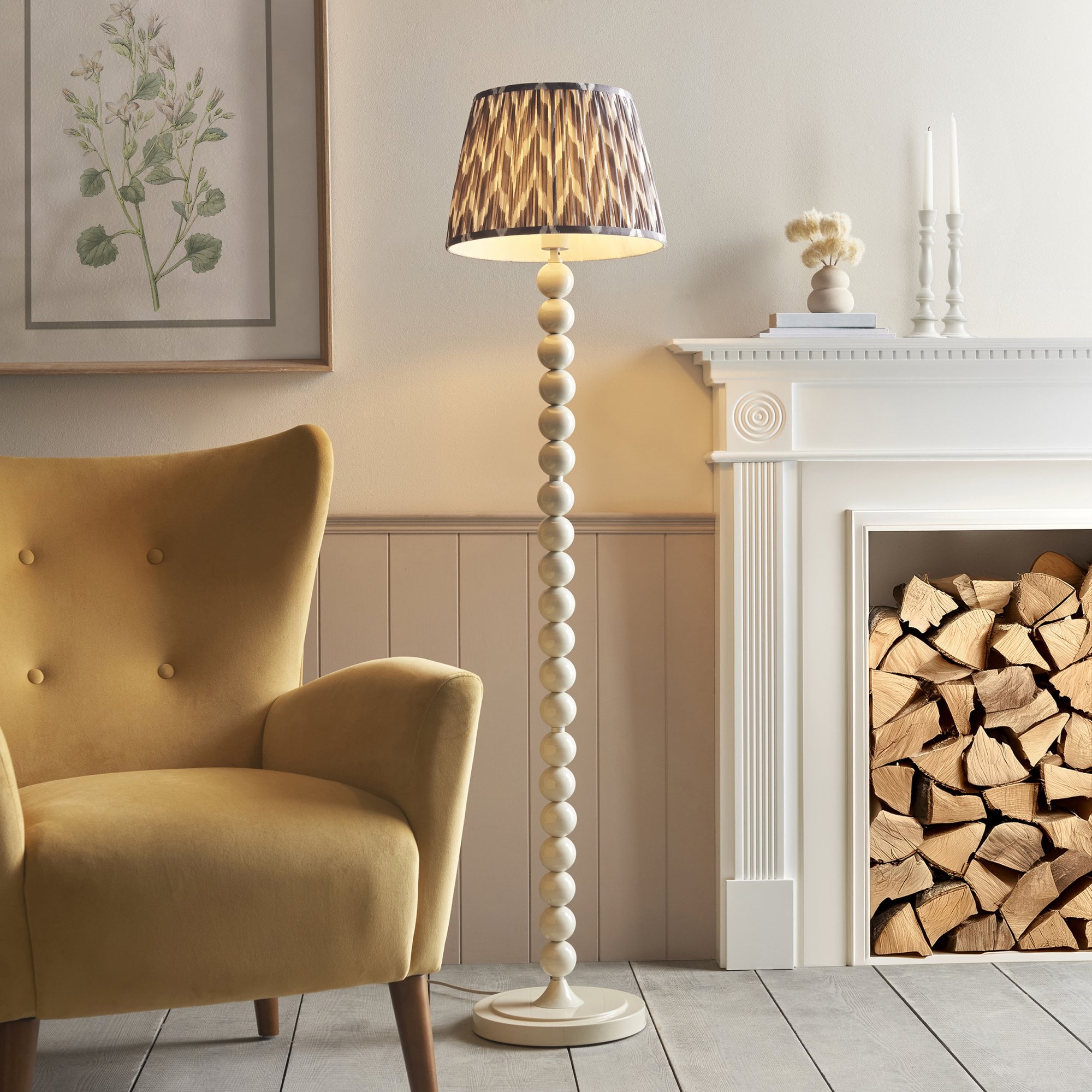 Endon Higgledy Gloss Almond White Floor Lamp & Zigzag 35cm Pearl Grey Shade