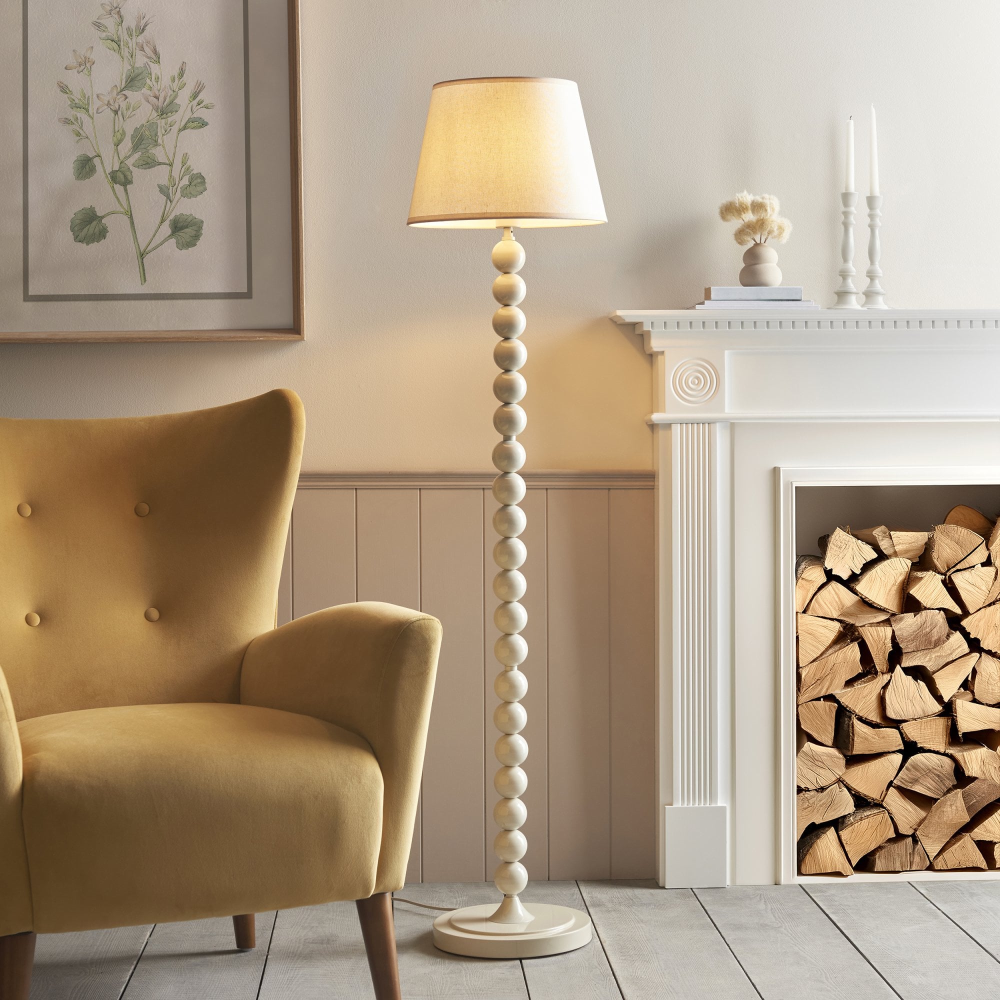 Endon Higgledy Gloss Almond White Floor Lamp & Ivy 35cm Vintage White Shade