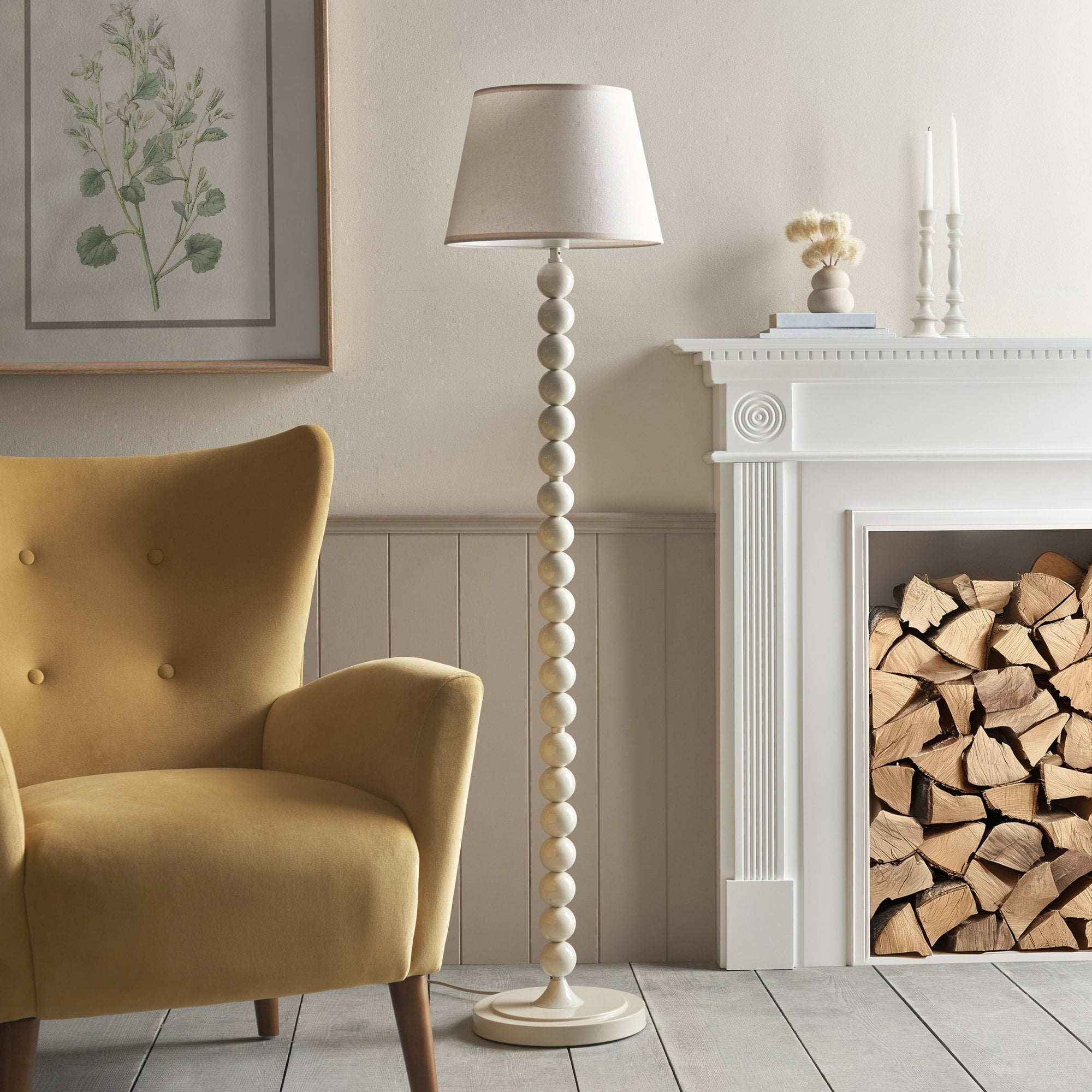 Endon Higgledy Gloss Almond White Floor Lamp & Ivy 35cm Vintage White Shade