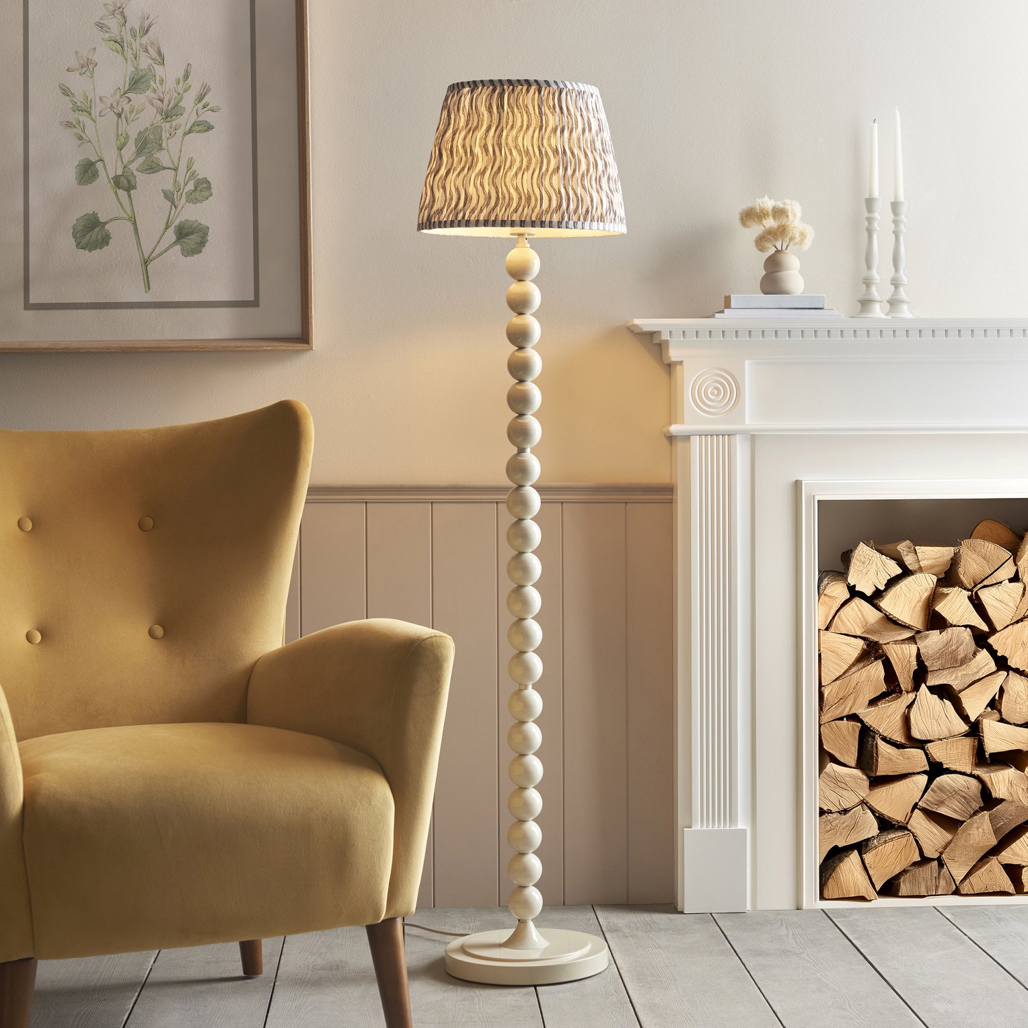 Endon Higgledy Gloss Almond White Floor Lamp & Ripple 35cm Pearl Grey Shade