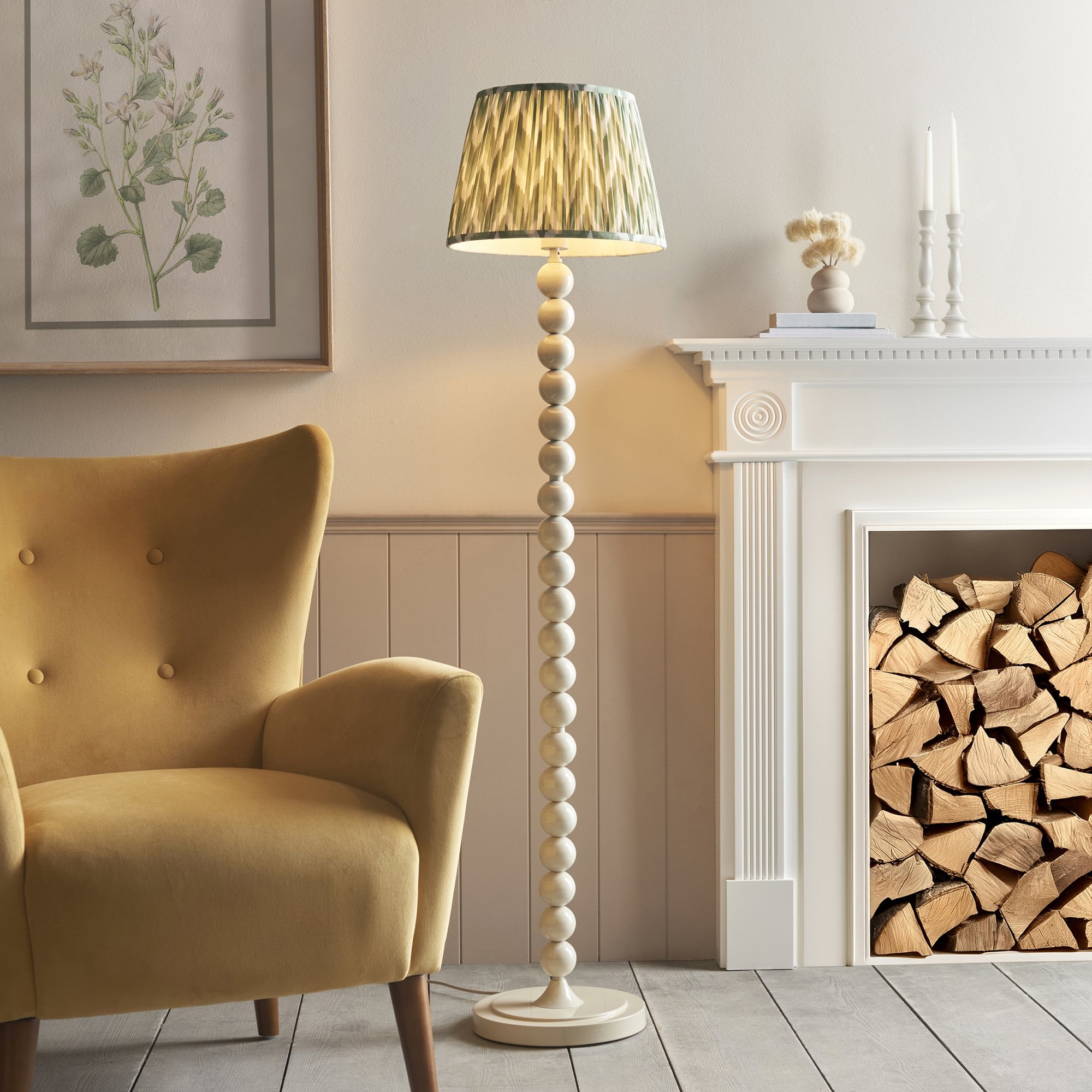 Endon Higgledy Gloss Almond White Floor Lamp & Zigzag 35cm Cotswold Green Shade