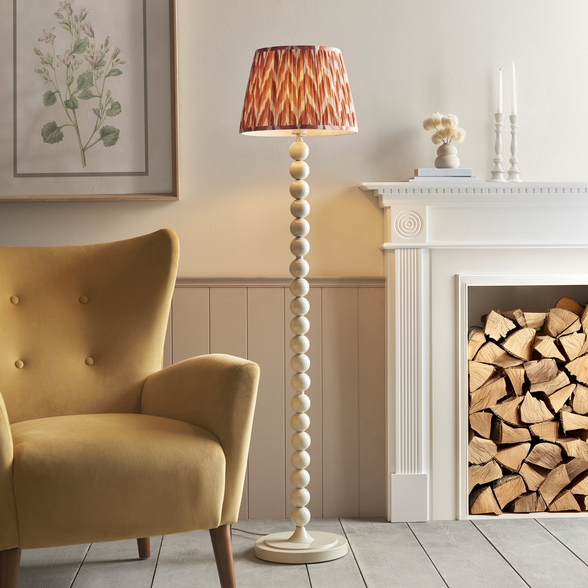 Endon Higgledy Gloss Almond White Floor Lamp & Zigzag 35cm Apricot Orange Shade