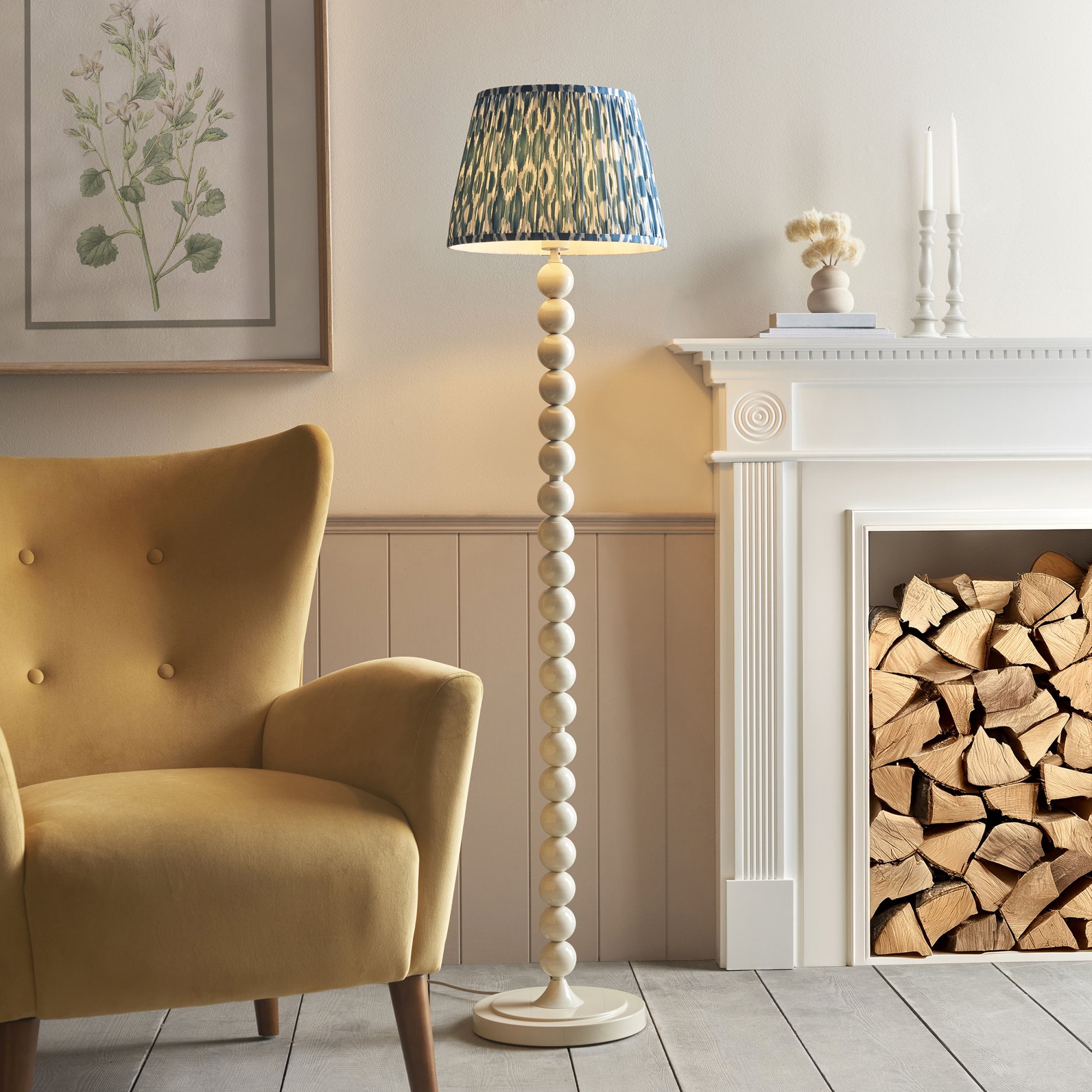 Endon Higgledy Gloss Almond White Floor Lamp & Ikat 35cm Marlin Blue Shade