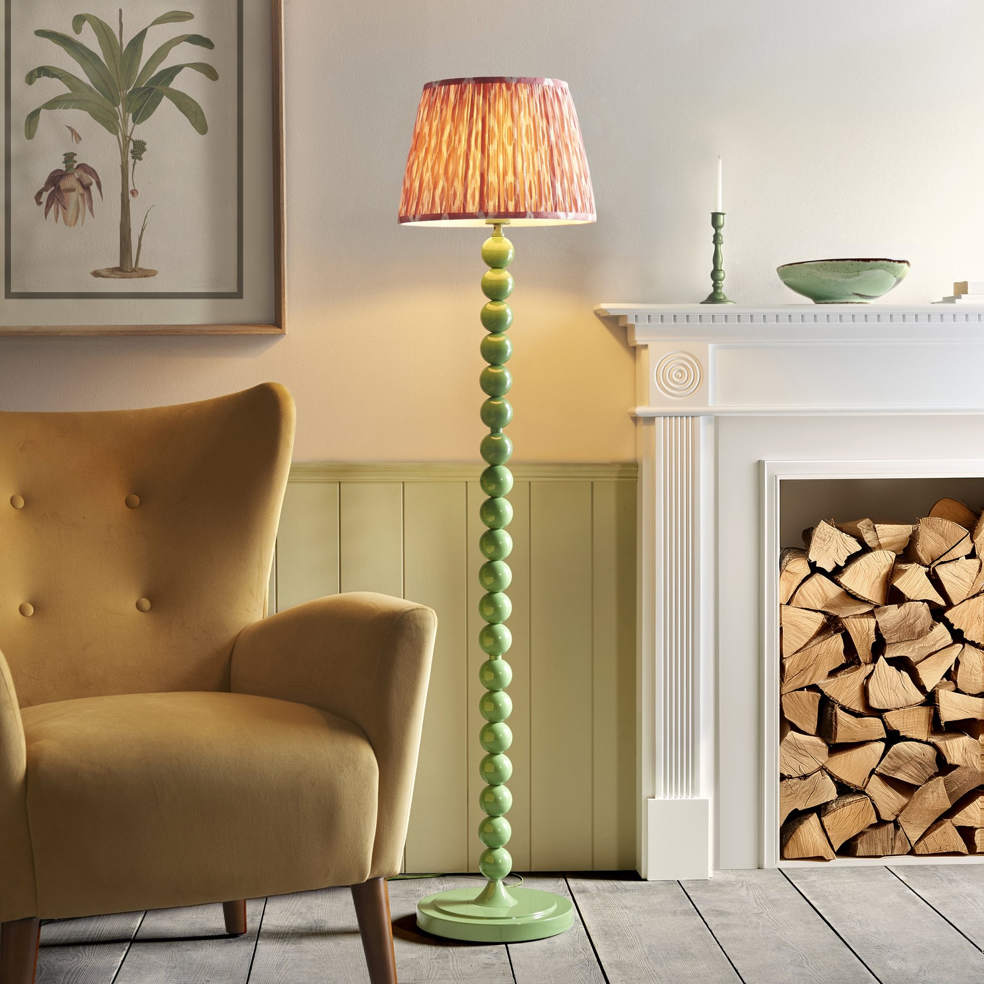 Endon Higgledy Gloss Cotswold Green Floor Lamp & Ikat 35cm Coral Pink Shade