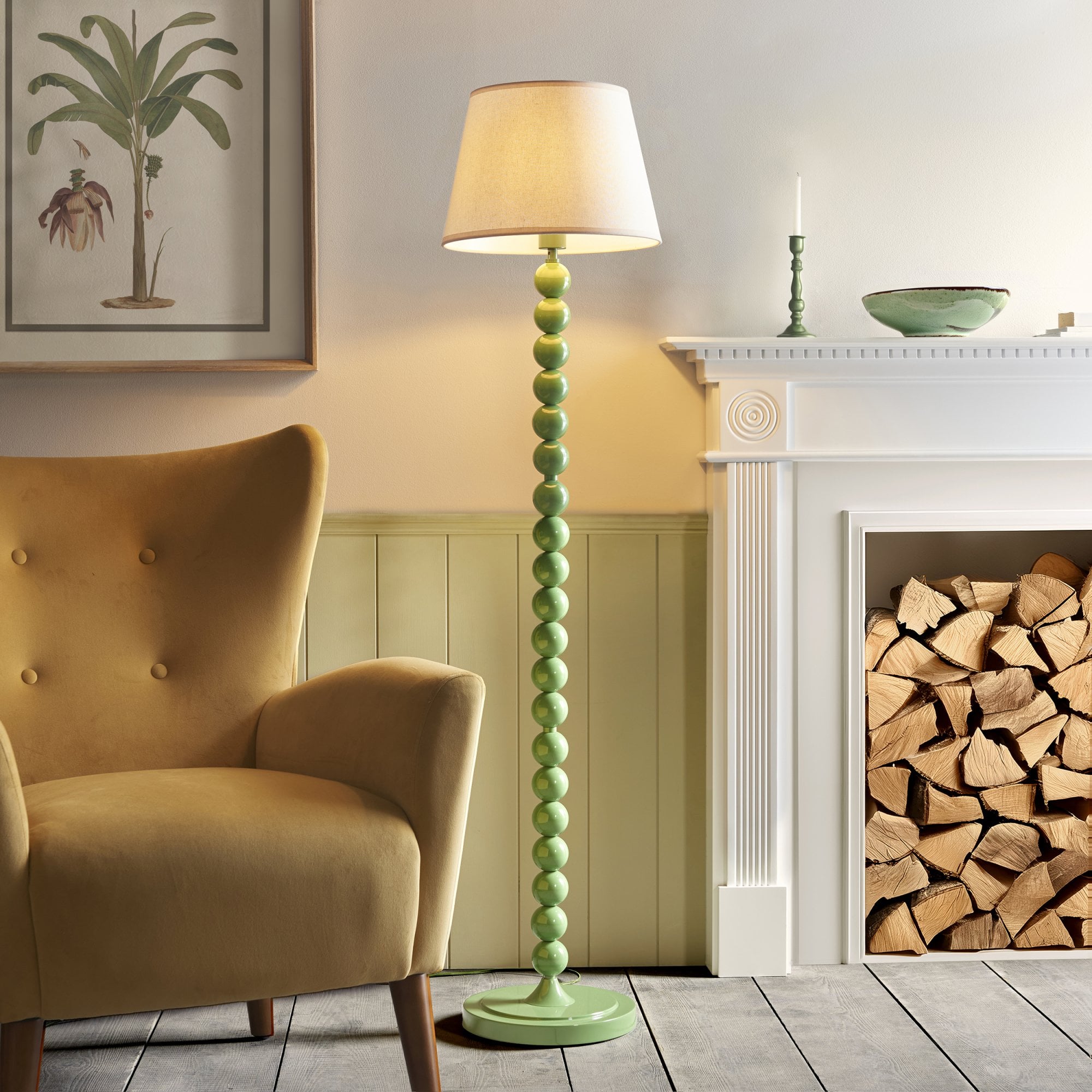 Endon Higgledy Gloss Cotswold Green Floor Lamp & Ivy 35cm Vintage White Shade