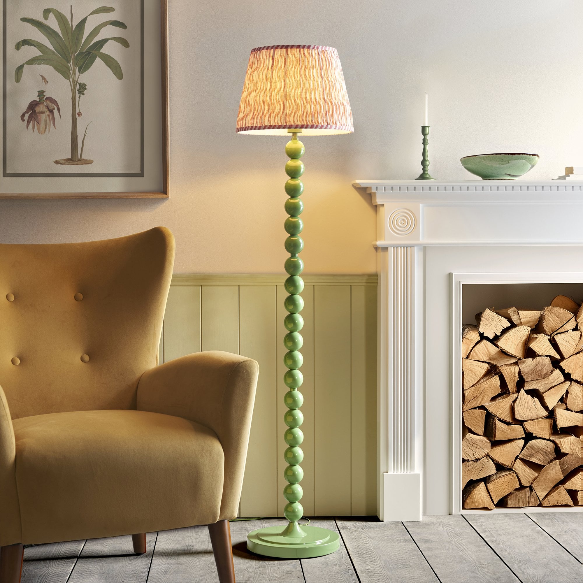 Endon Higgledy Gloss Cotswold Green Floor Lamp & Ripple 35cm Coral Pink Shade