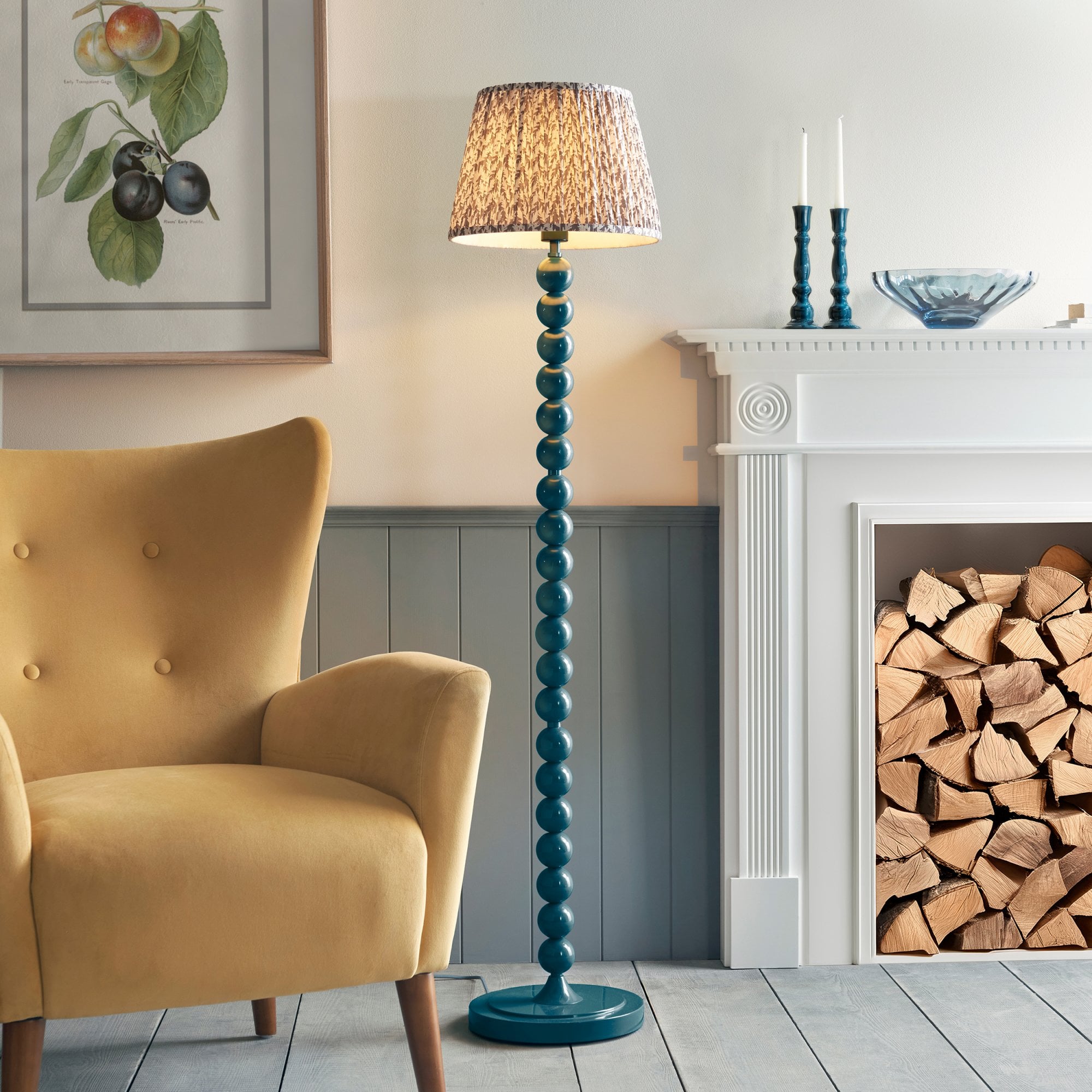 Endon Higgledy Gloss Marlin Blue Floor Lamp & Leaf 35cm Pearl Grey Shade