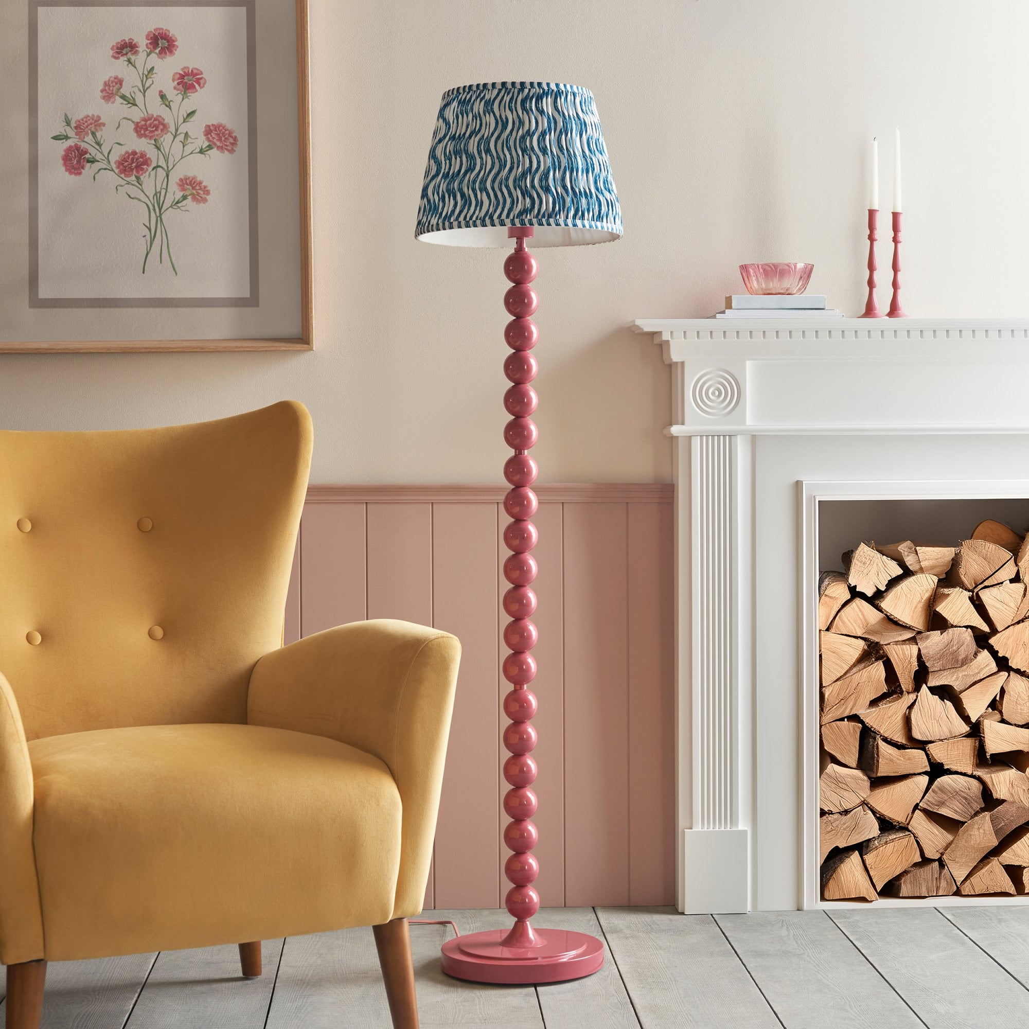 Endon Higgledy Gloss Pink Clay Floor Lamp & Ripple 35cm Marlin Blue Shade