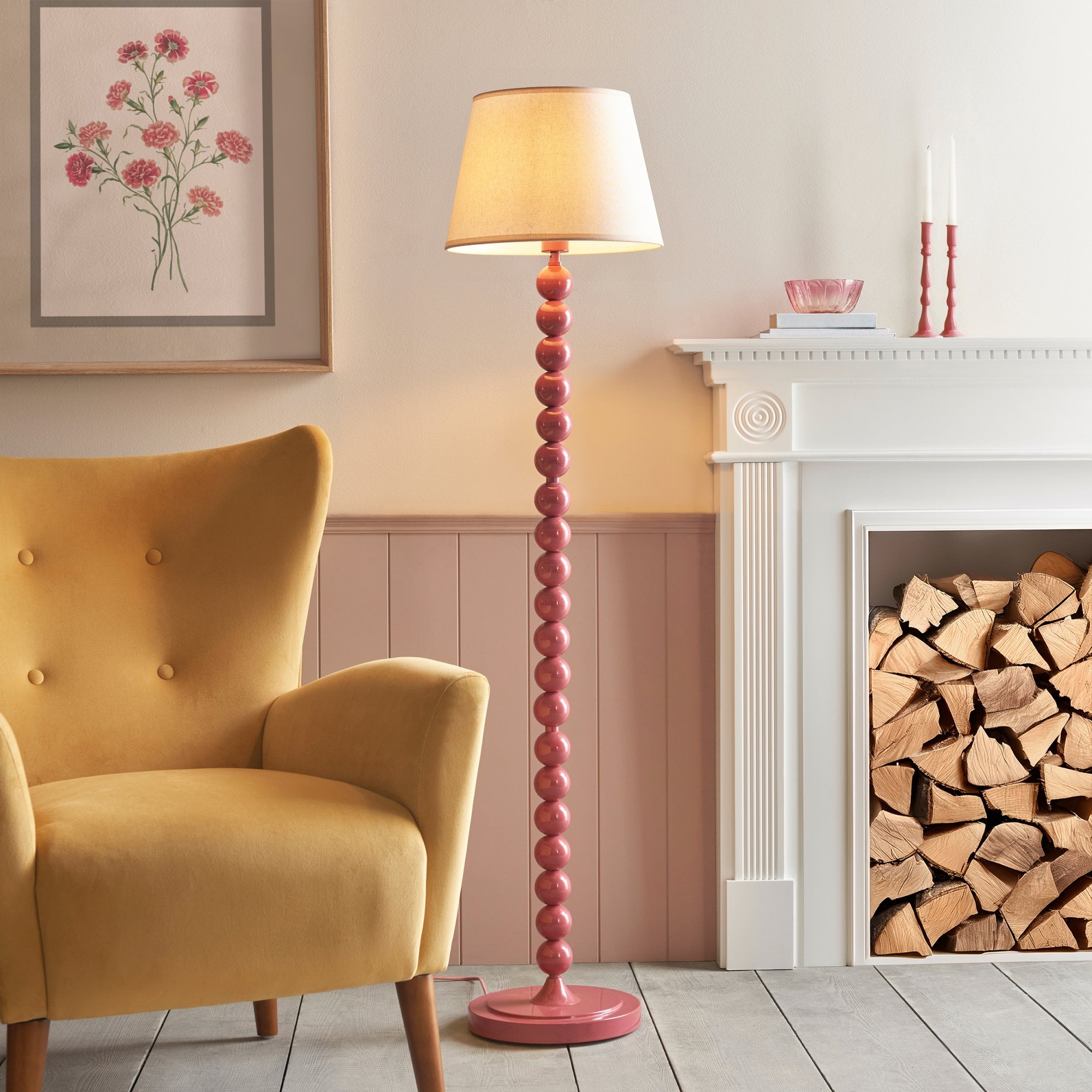 Endon Higgledy Floor Gloss Pink Clay Lamp & Ivy 35cm Vintage White Shade