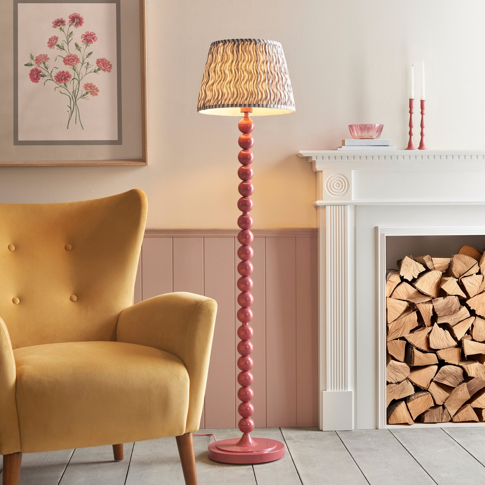 Endon Higgledy Gloss Pink Clay Floor Lamp & Ripple 35cm Pearl Grey Shade