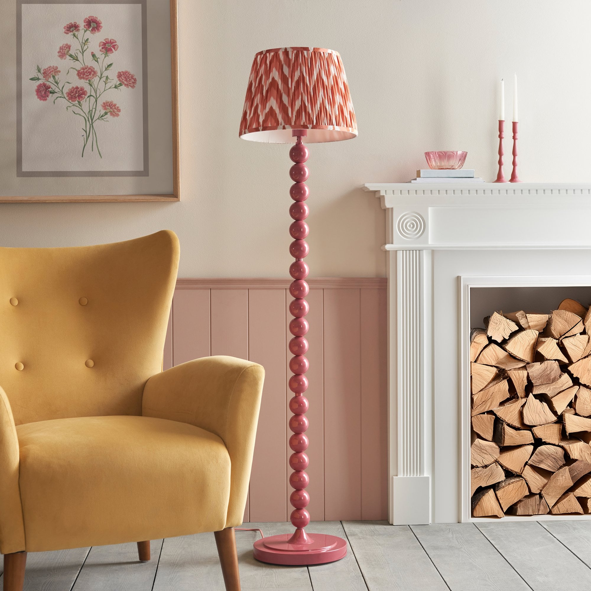Endon Higgledy Gloss Pink Clay Floor Lamp & Zigzag 35cm Apricot Orange Shade