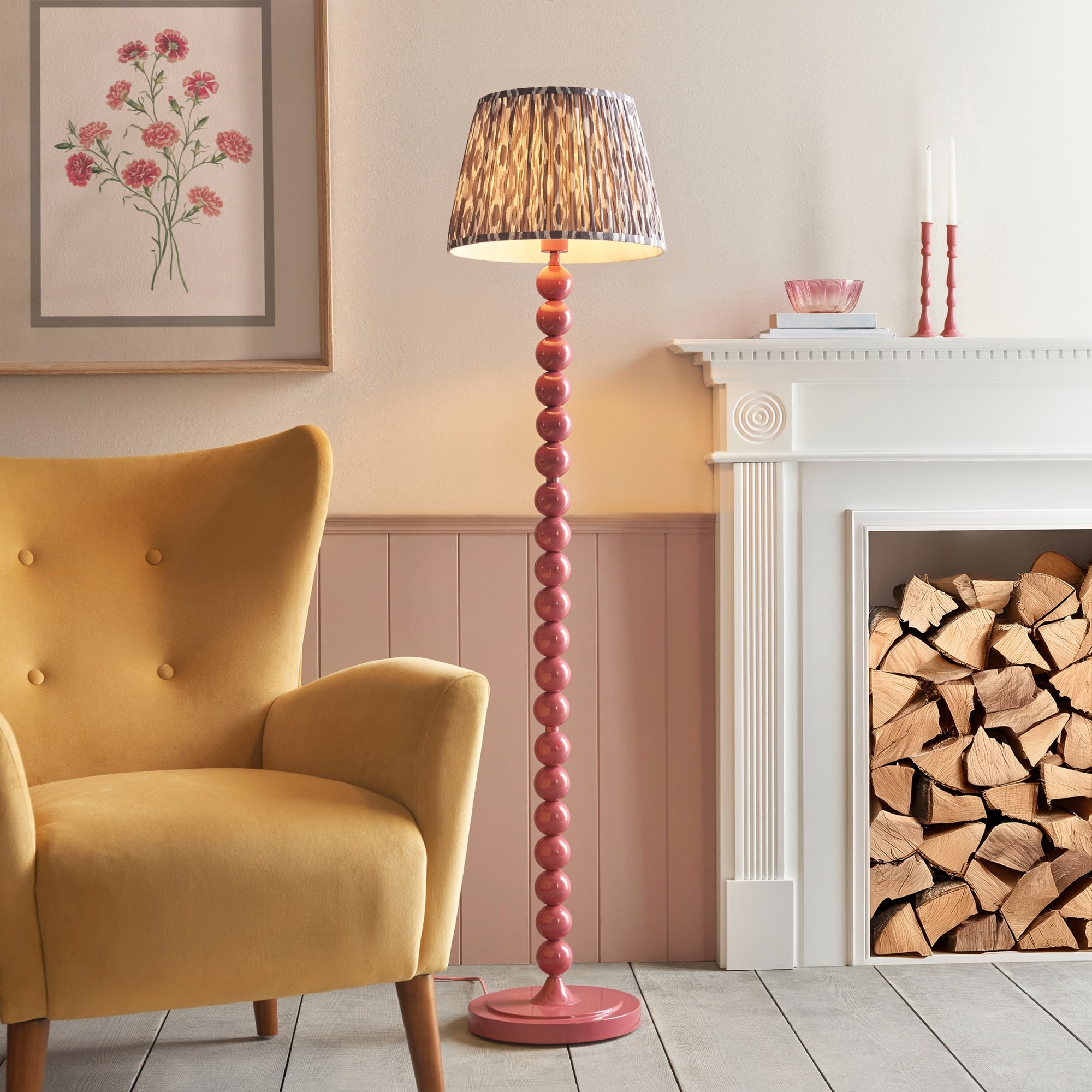 Endon Higgledy Gloss Pink Clay Floor Lamp & Ikat 35cm Pearl Grey Shade