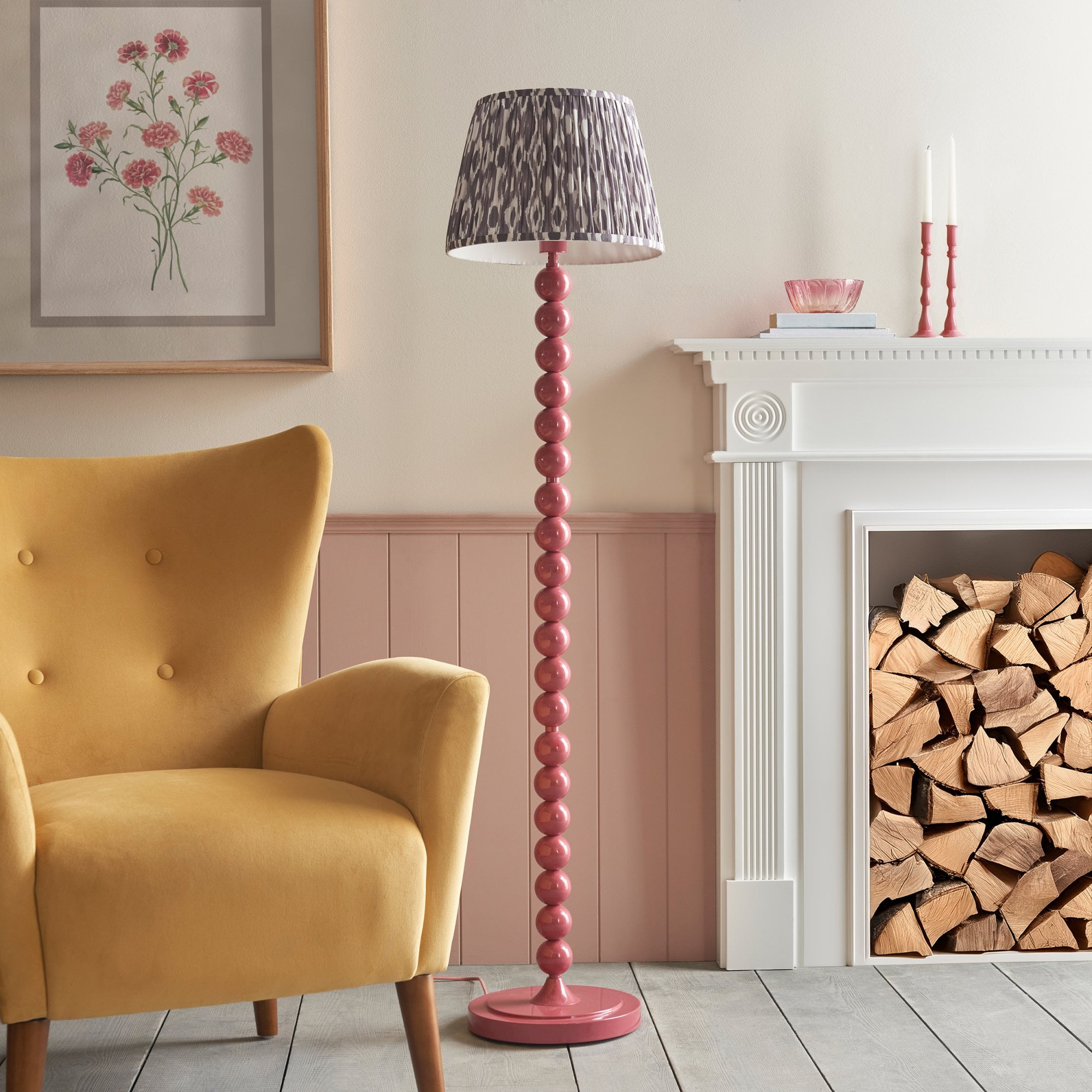 Endon Higgledy Gloss Pink Clay Floor Lamp & Ikat 35cm Pearl Grey Shade