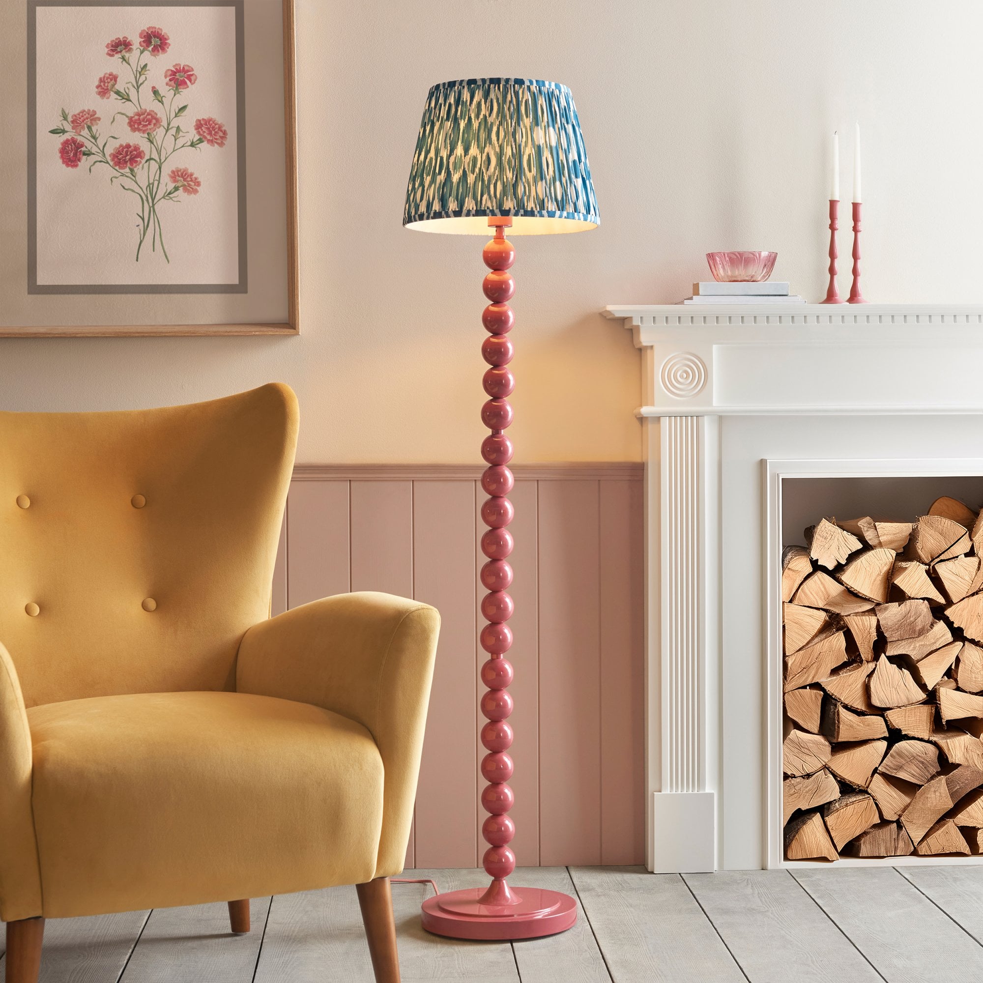 Endon Higgledy Gloss Pink Clay Floor Lamp & Ikat 35cm Marlin Blue Shade