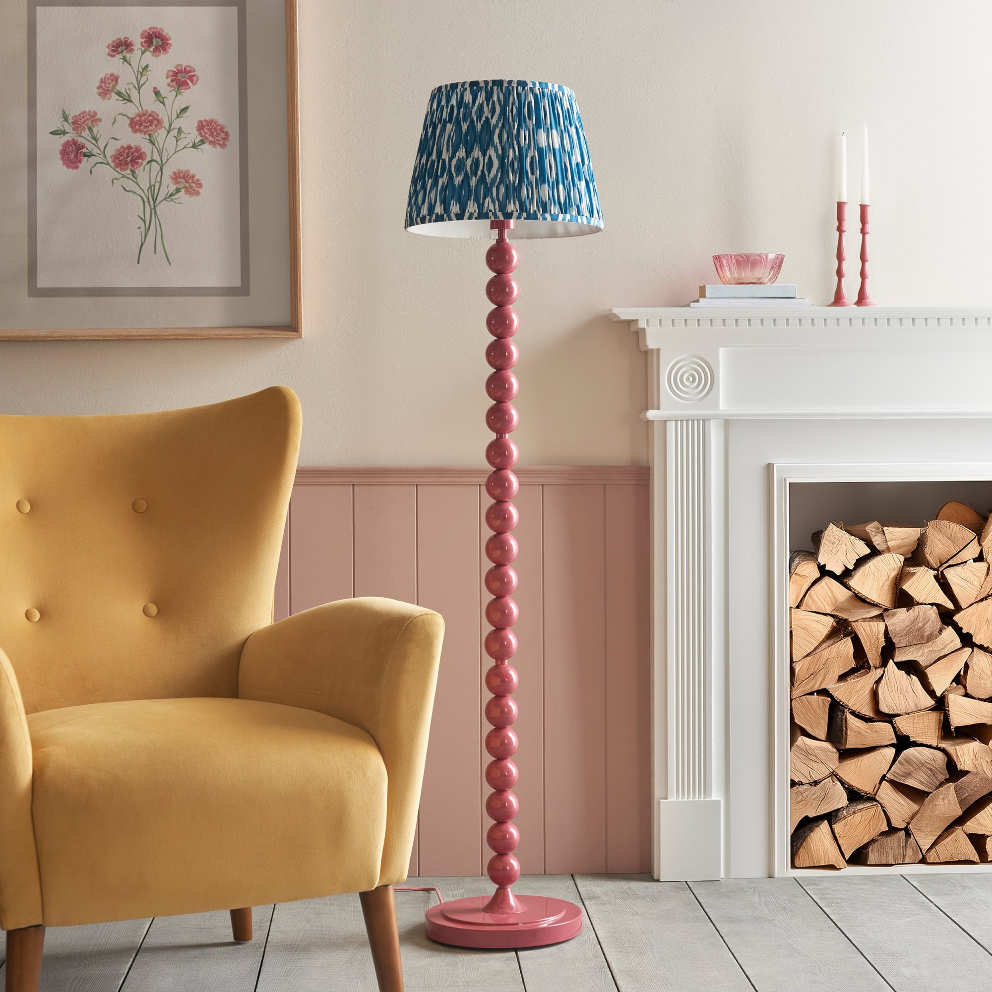 Endon Higgledy Gloss Pink Clay Floor Lamp & Ikat 35cm Marlin Blue Shade