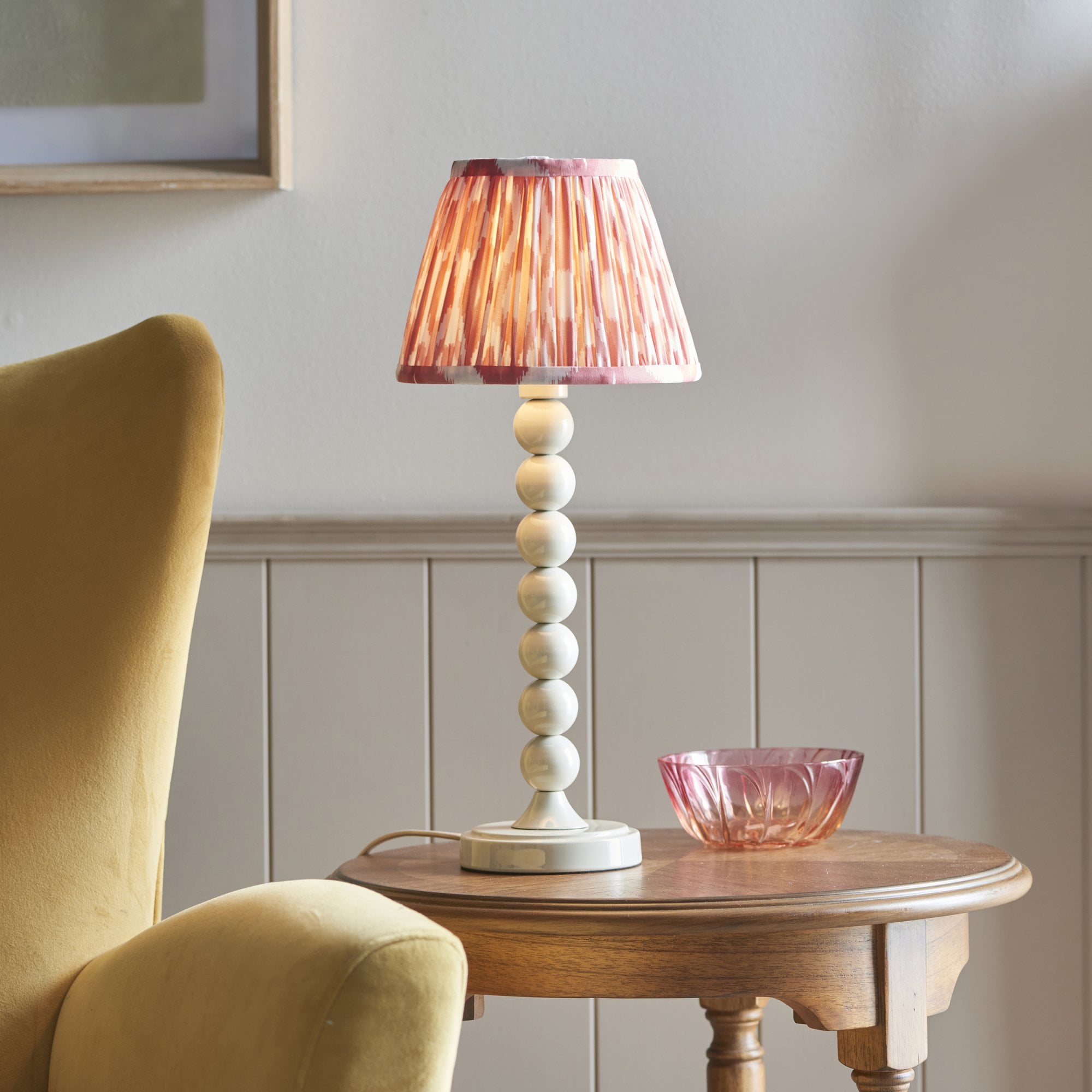 Endon Higgledy Gloss Almond White Table Lamp & Ikat 20cm Coral Pink Shade