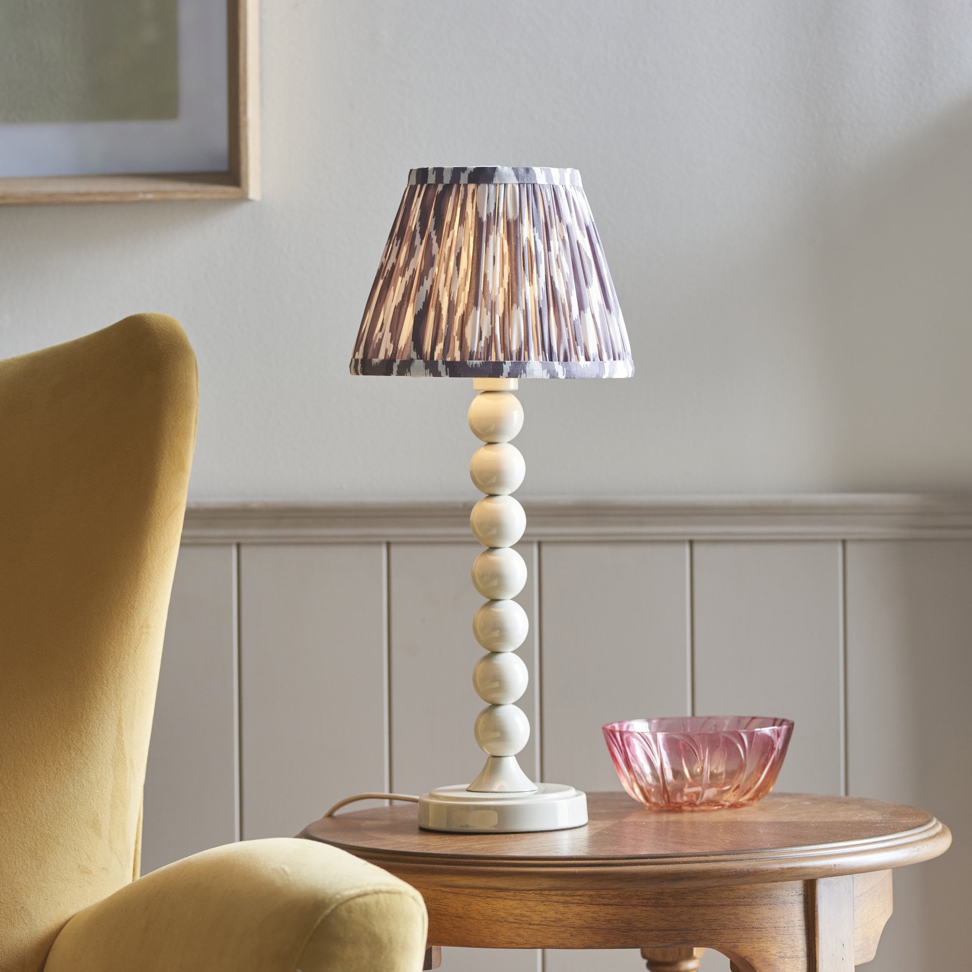 Endon Higgledy Gloss Almond White Table Lamp & Ikat 20cm Pearl Grey Shade
