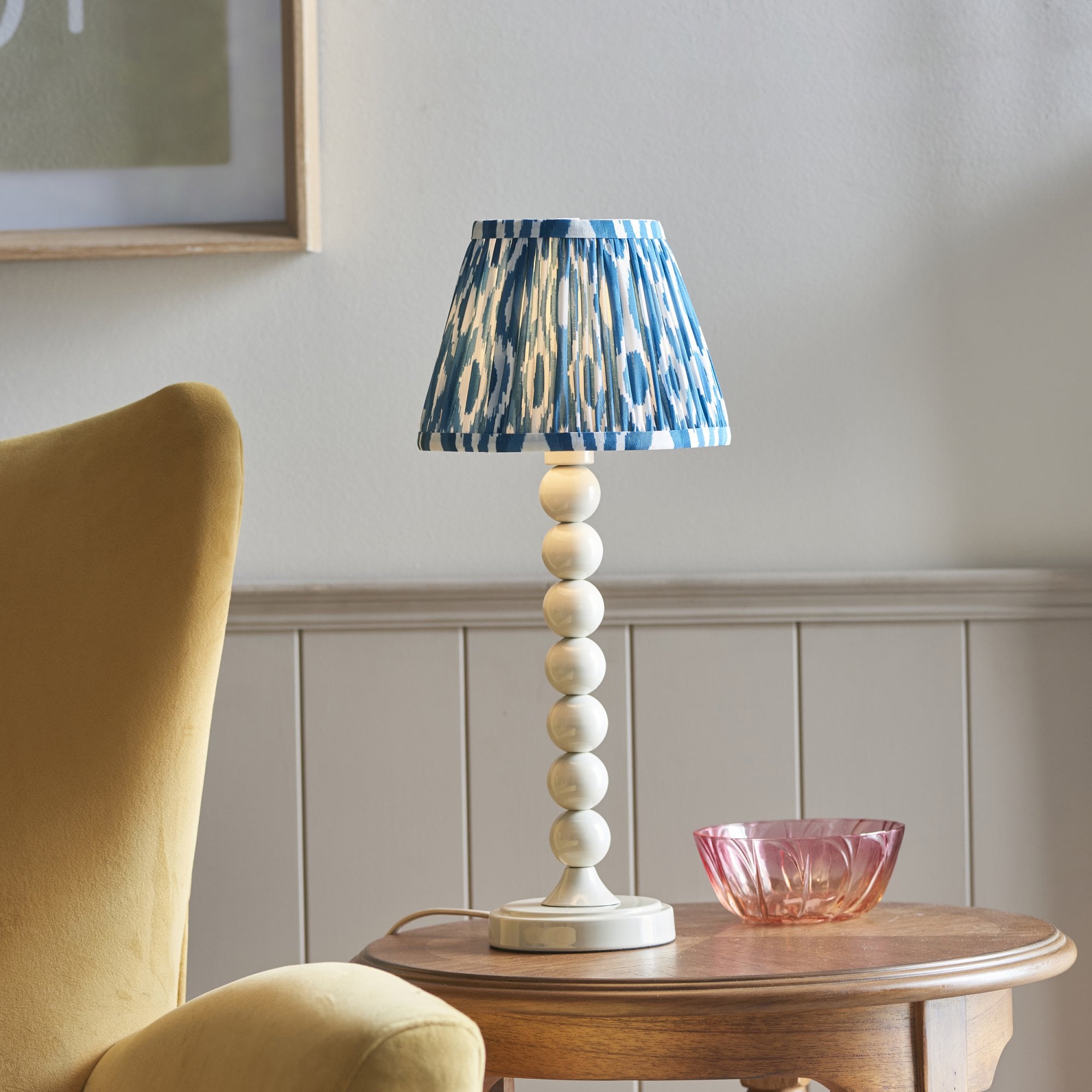 Endon Higgledy Gloss Almond White Table Lamp & Ikat 20cm Marlin Blue Shade