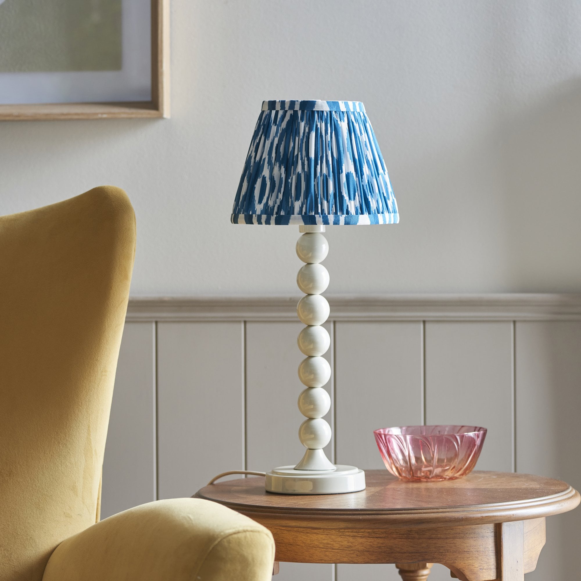 Endon Higgledy Gloss Almond White Table Lamp & Ikat 20cm Marlin Blue Shade
