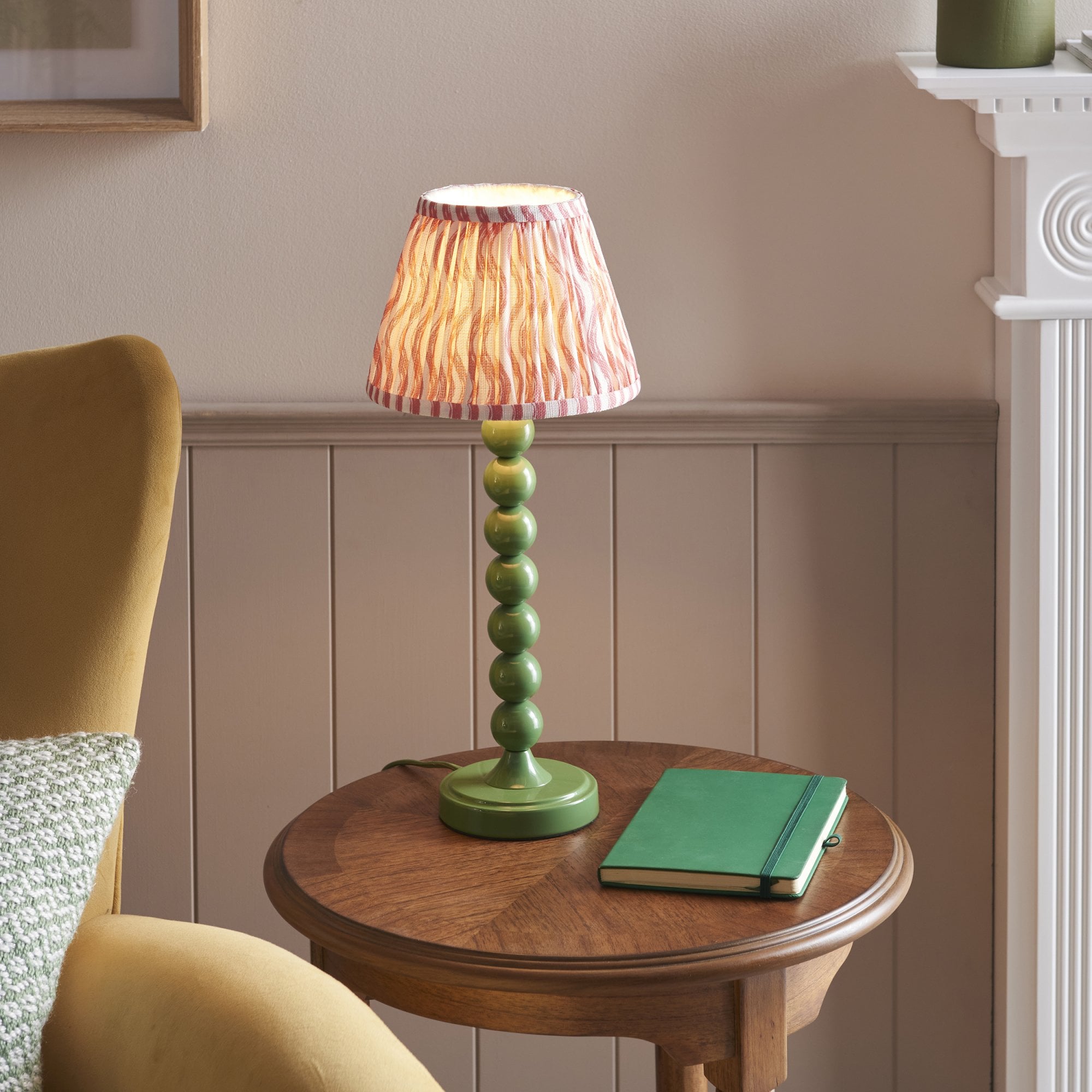 Endon Higgledy Gloss Cotswold Green Table Lamp & Ripple 20cm Coral Pink Shade