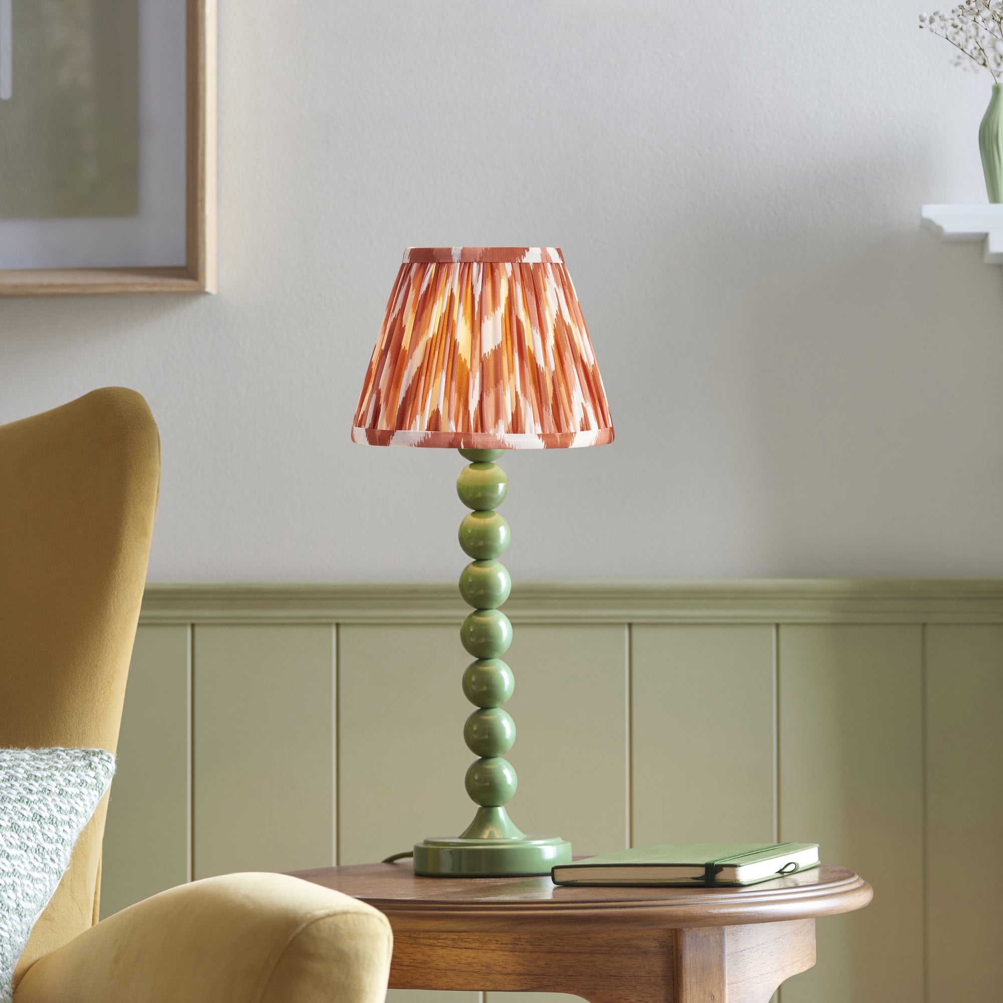 Endon Higgledy Gloss Cotswold Green Table Lamp & Zigzag 20cm Apricot Orange Shade