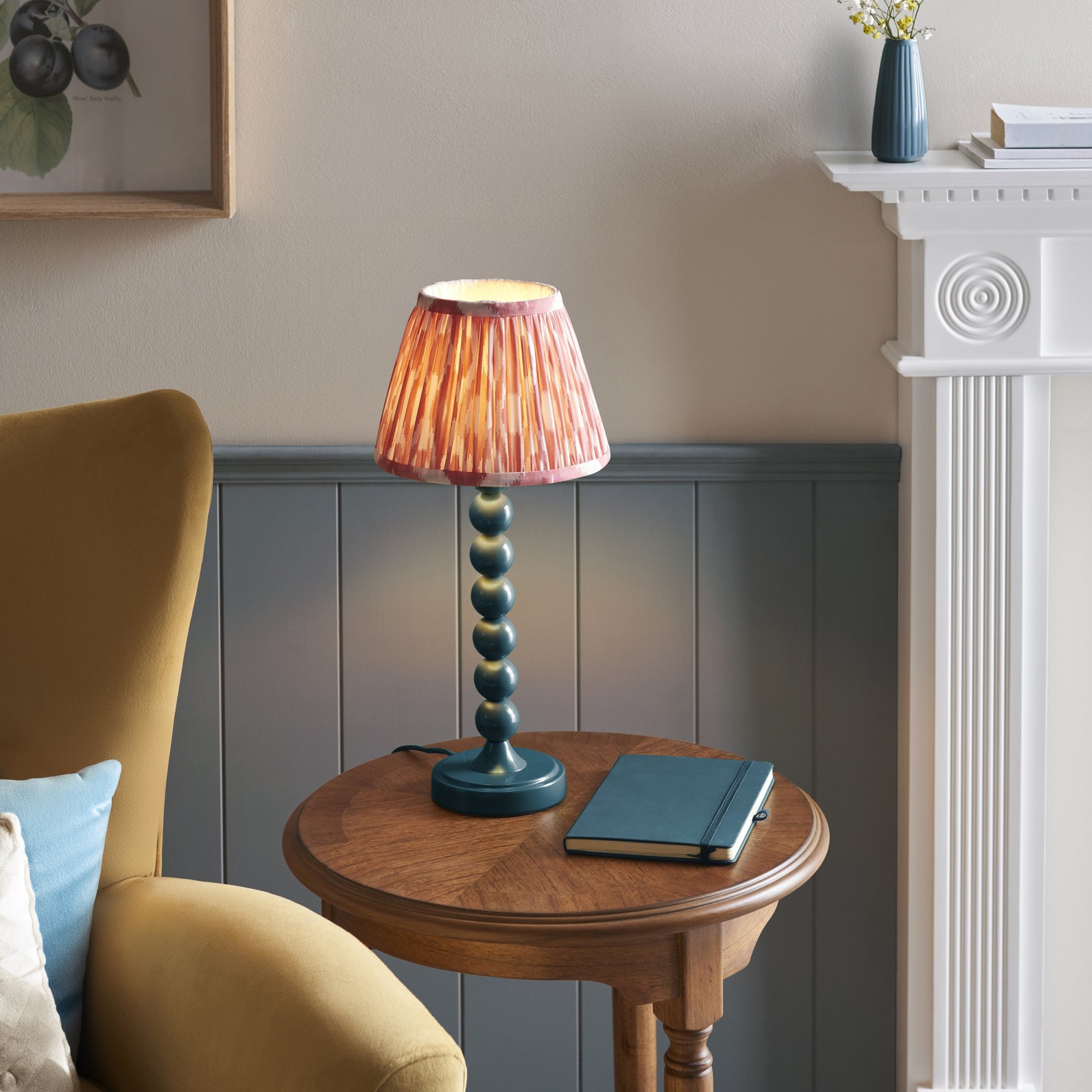 Endon Higgledy Gloss Marlin Blue Table Lamp & Ikat 20cm Coral Pink Shade