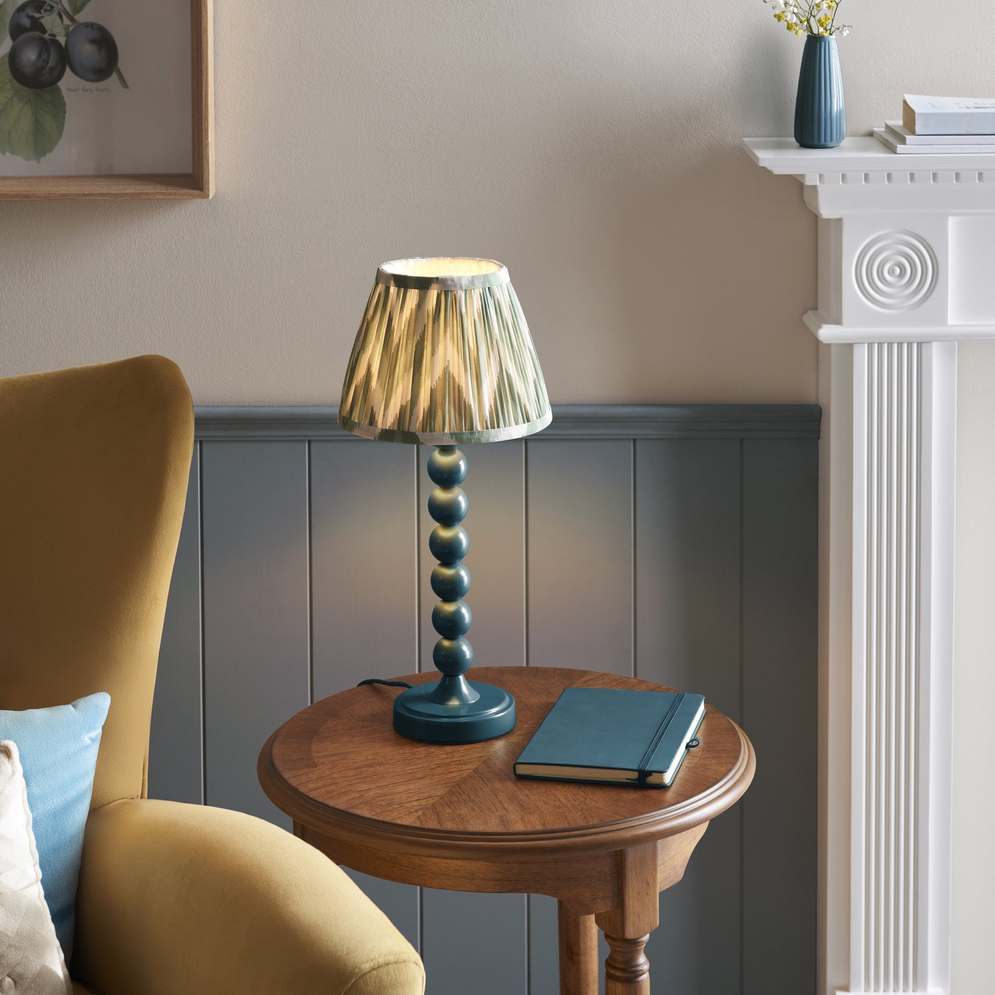 Endon Higgledy Gloss Marlin Blue Table Lamp & Zigzag 20cm Cotswold Green Shade