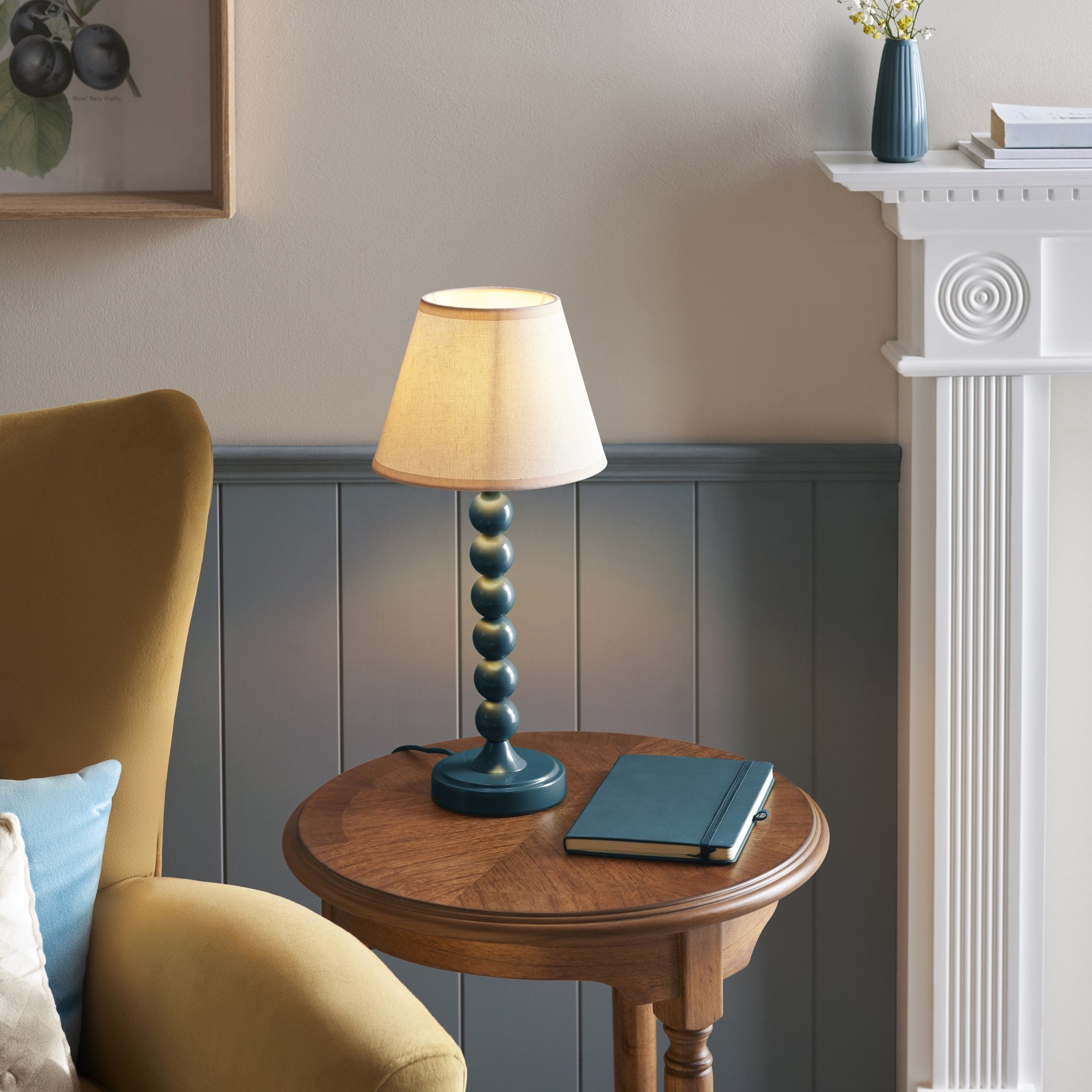 Endon Higgledy Gloss Marlin Blue Table Lamp & Ivy 20cm Vintage White Shade